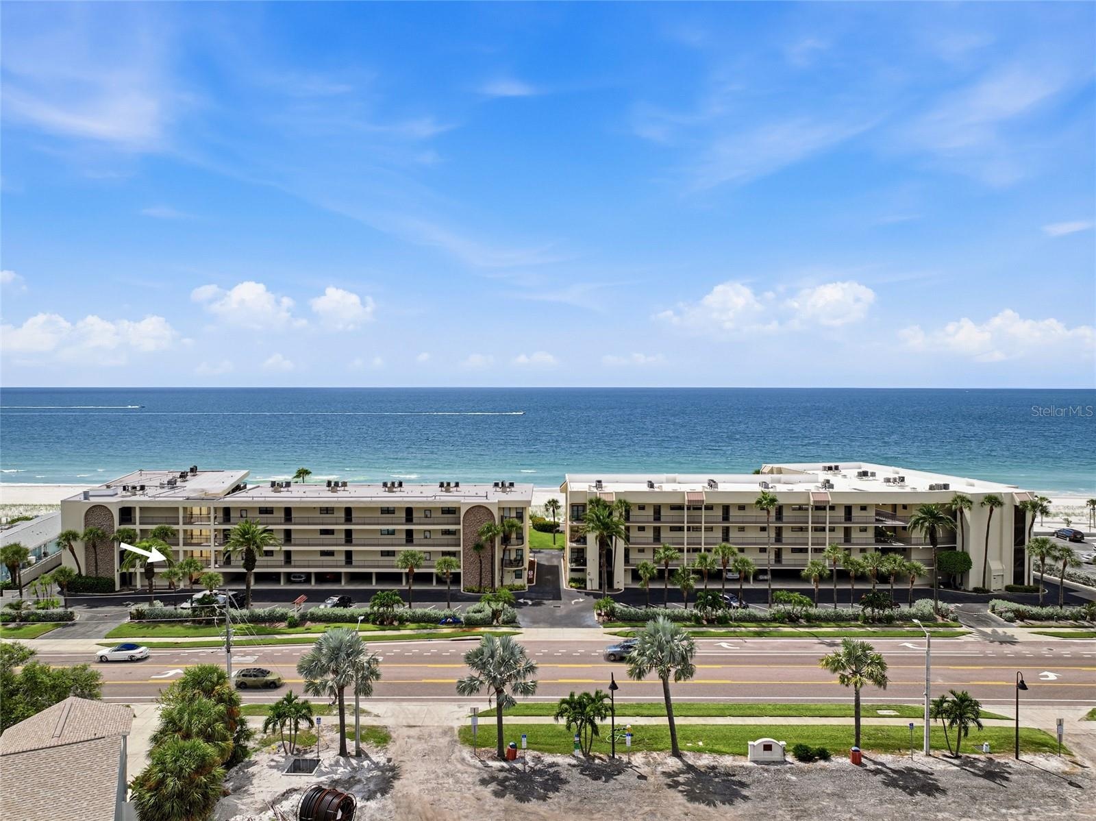 Aerial view of building and beach