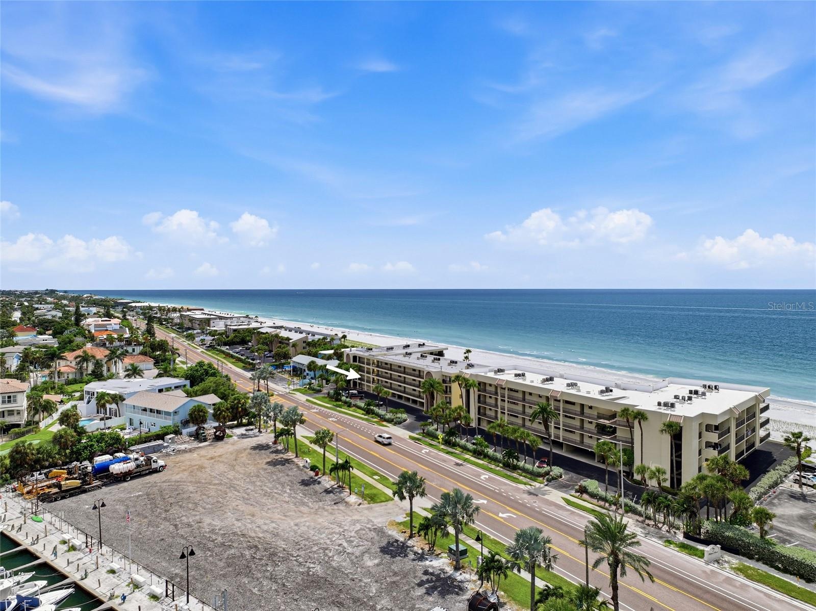Aerial view of building and beach