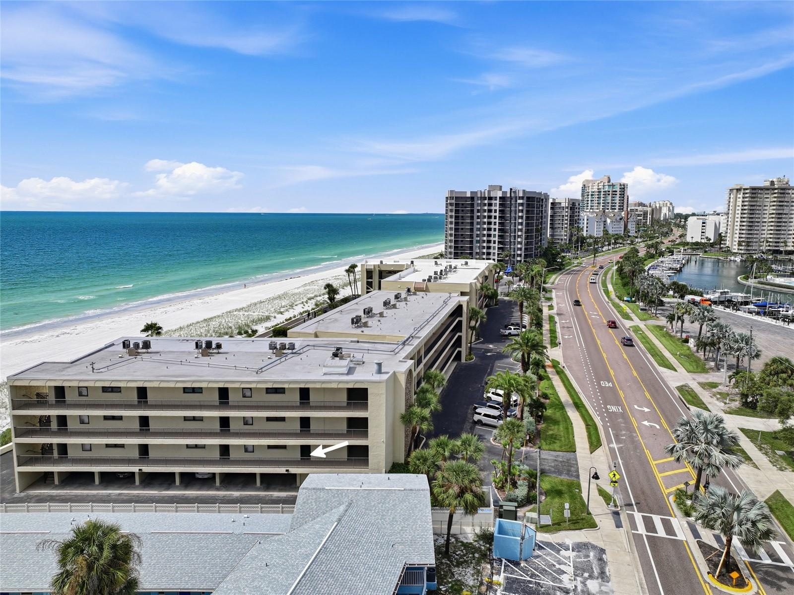 Aerial coastline view with buildings