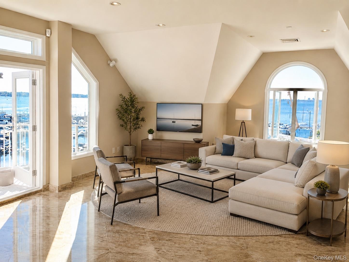 Virtually staged living-furniture and decor have been digitally added