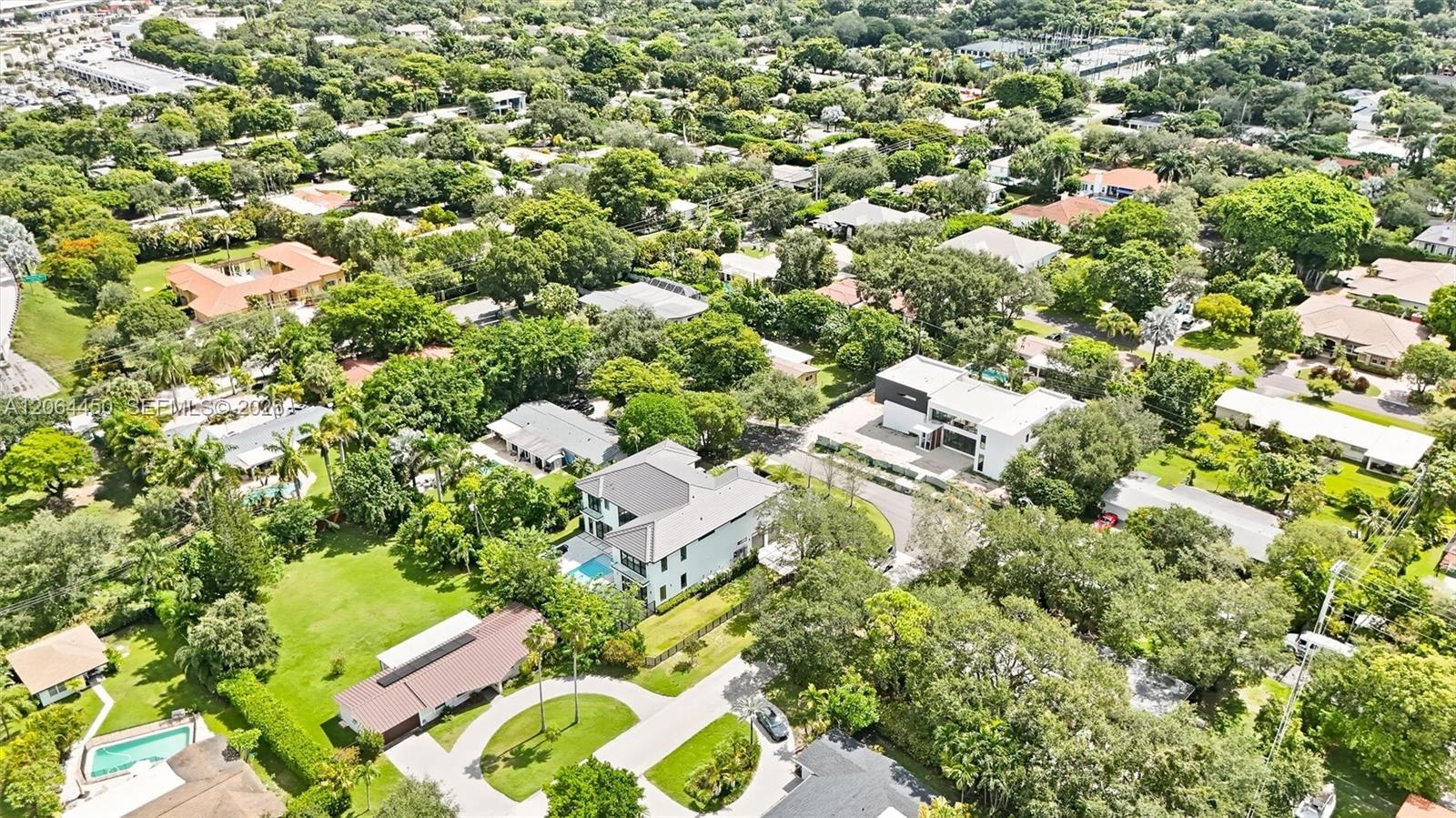 Aerial view of the neighborhood and greenery