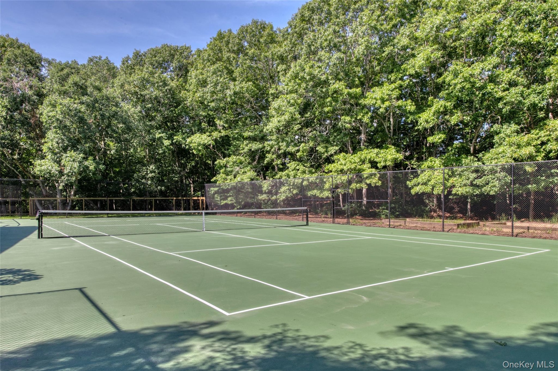Private tennis court featuring a hard green surface and white court lines
