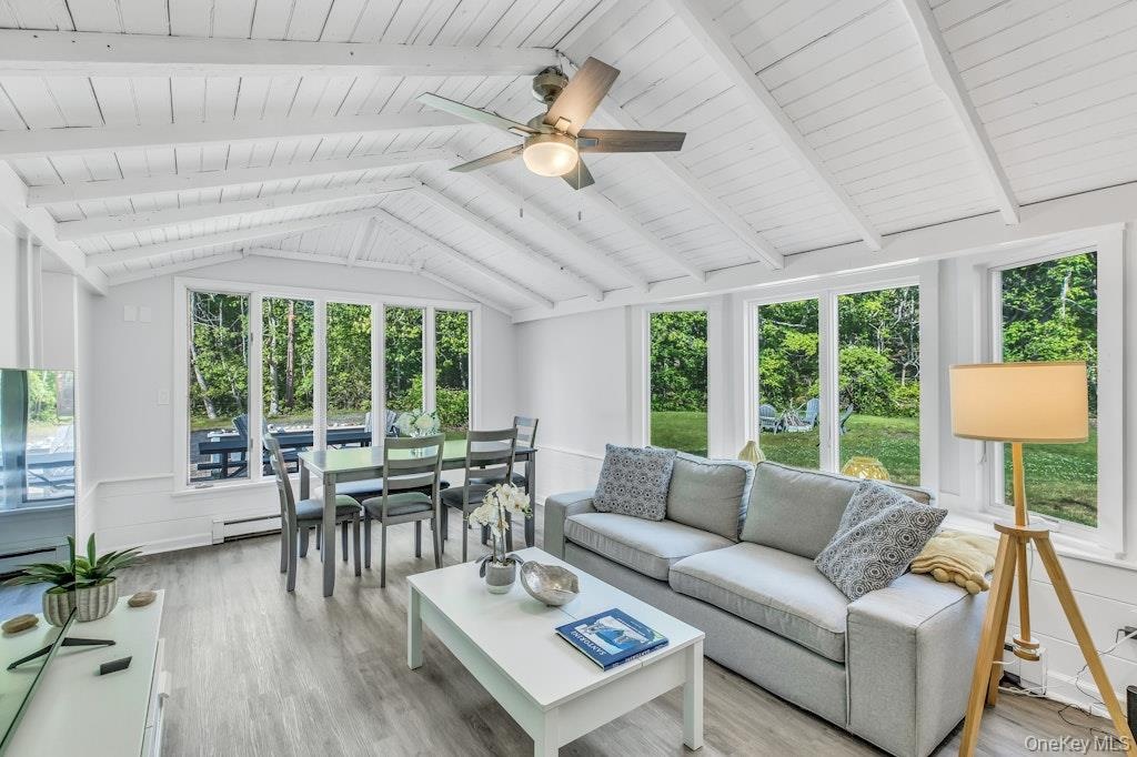 Open living space with pitched ceilings