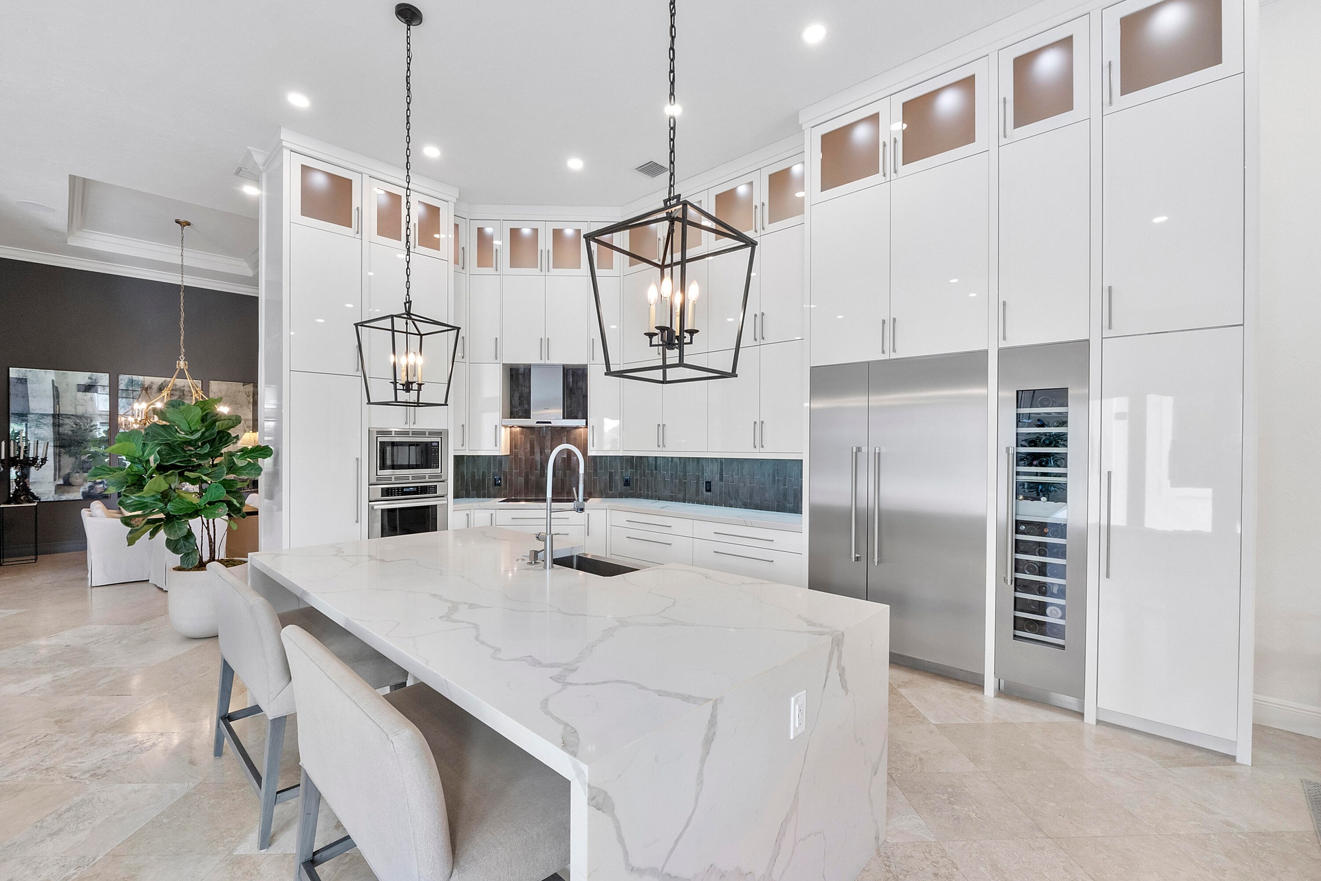 Quartz waterfall kitchen island