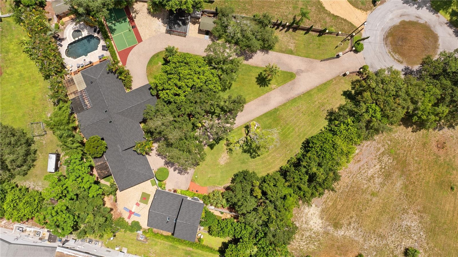Aerial View of Home, Pool & Drive