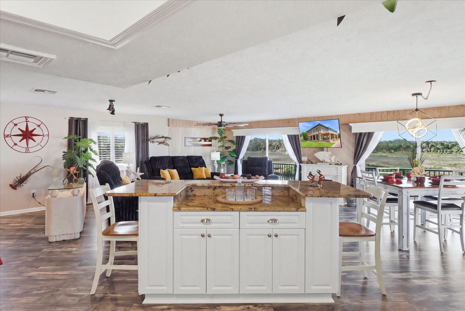 Expansive open-concept kitchen, living, and dining area.