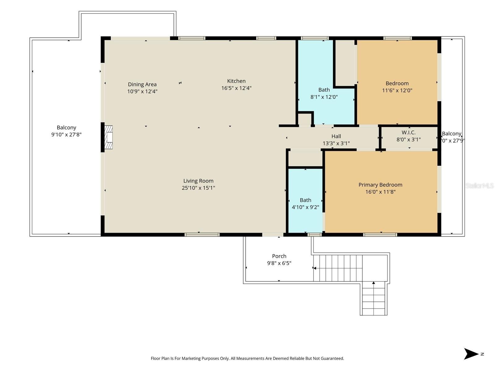 Second-Floor Floor Plan – Living, Dining, Kitchen, Primary Suite, Guest Bedroom & Balconies