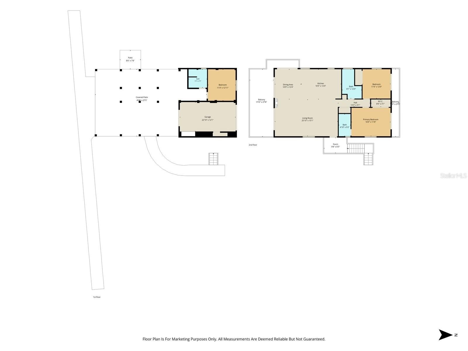 Combined Floor Plan – First & Second Levels, Covered Patio, Garage, Living Areas, Bedrooms & Balconies