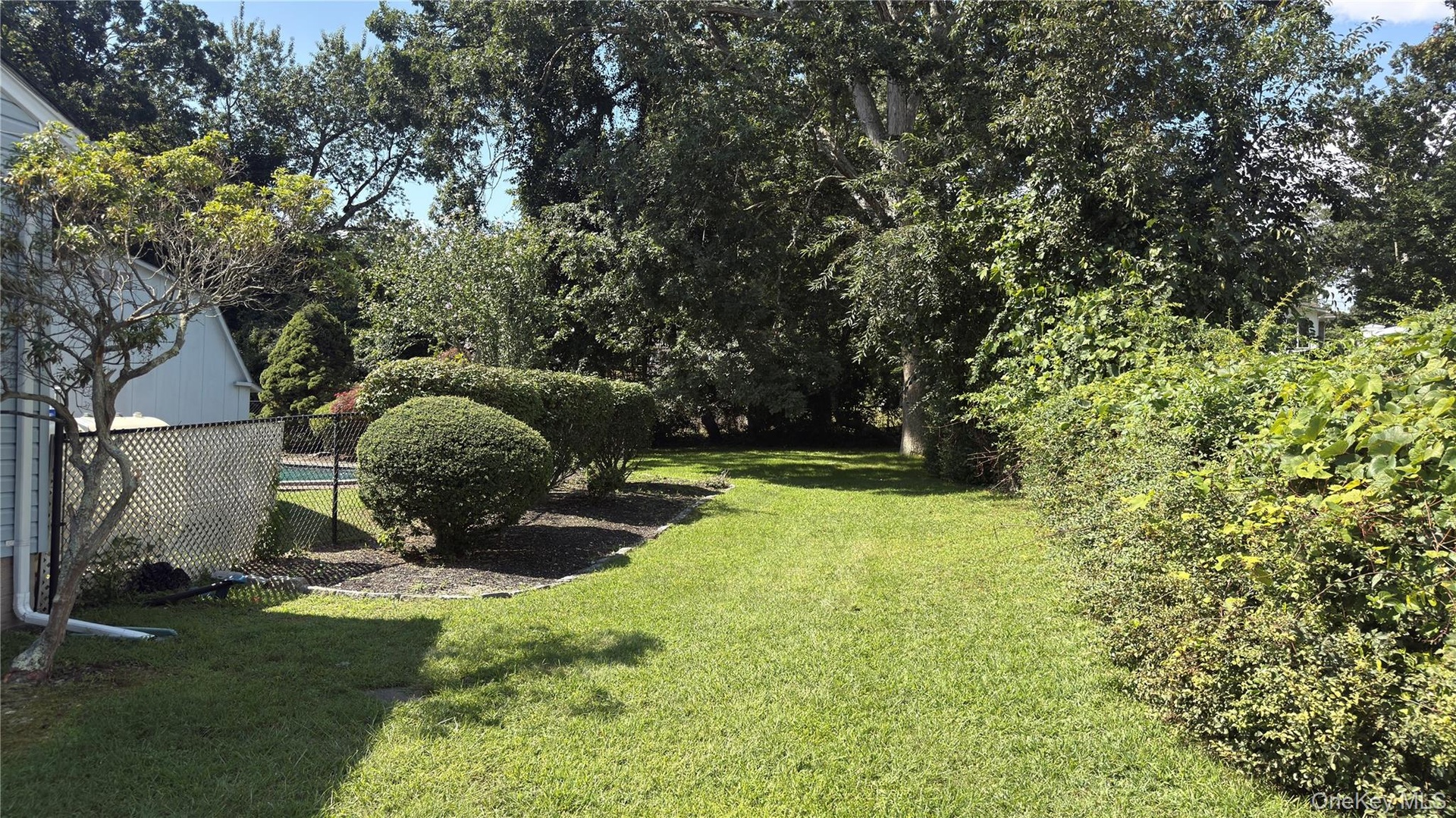 Expansive grass lawn with mature trees and established shrubbery