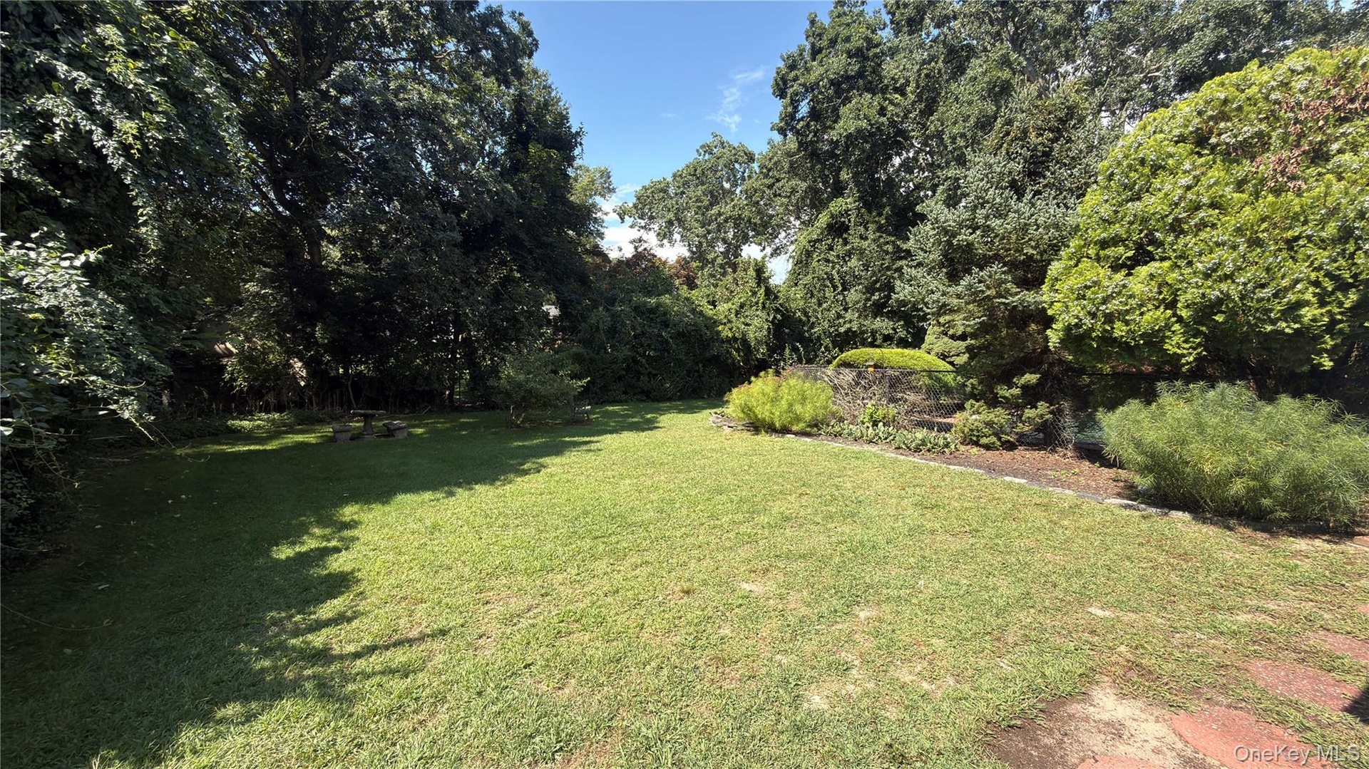 Expansive park like yard surrounded by mature trees and established landscaping
