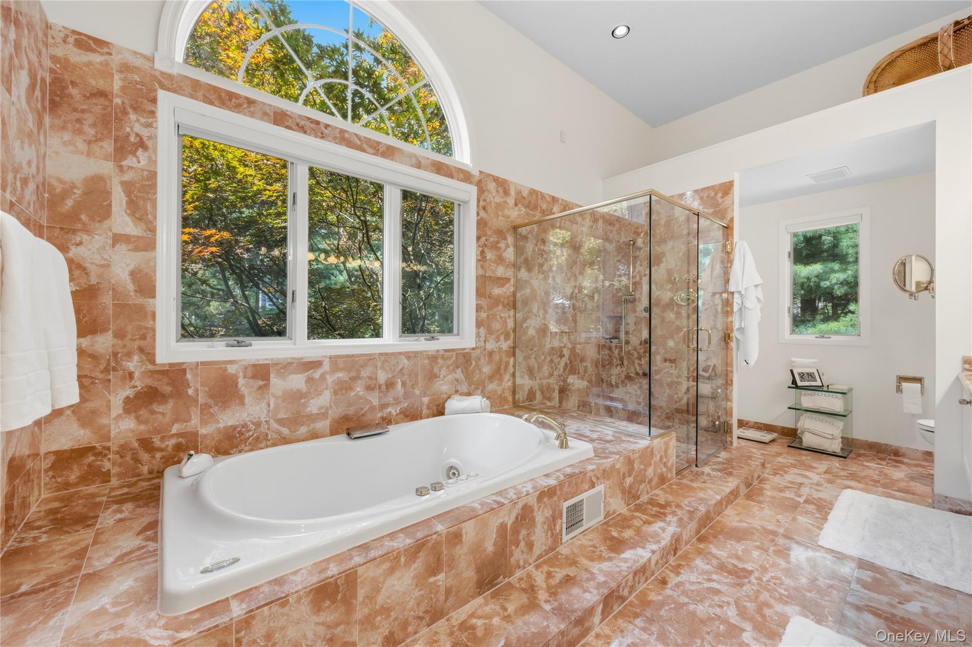 Primary Bathroom soaking tub with marble surround and nature views