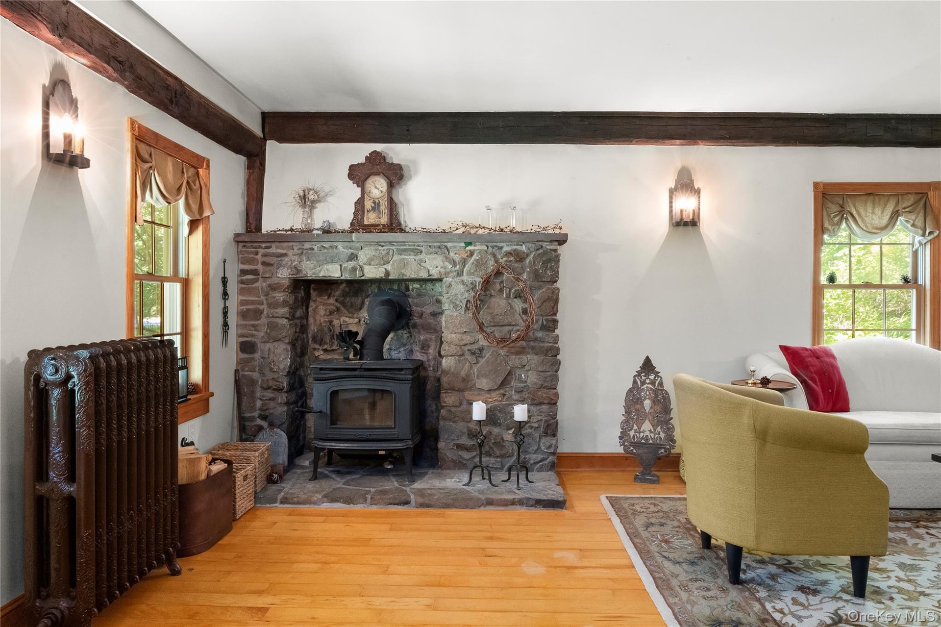Featuring wood burning stove