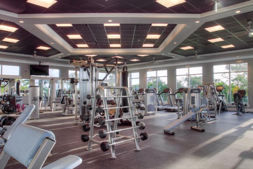 fitness center with waterfront bay views