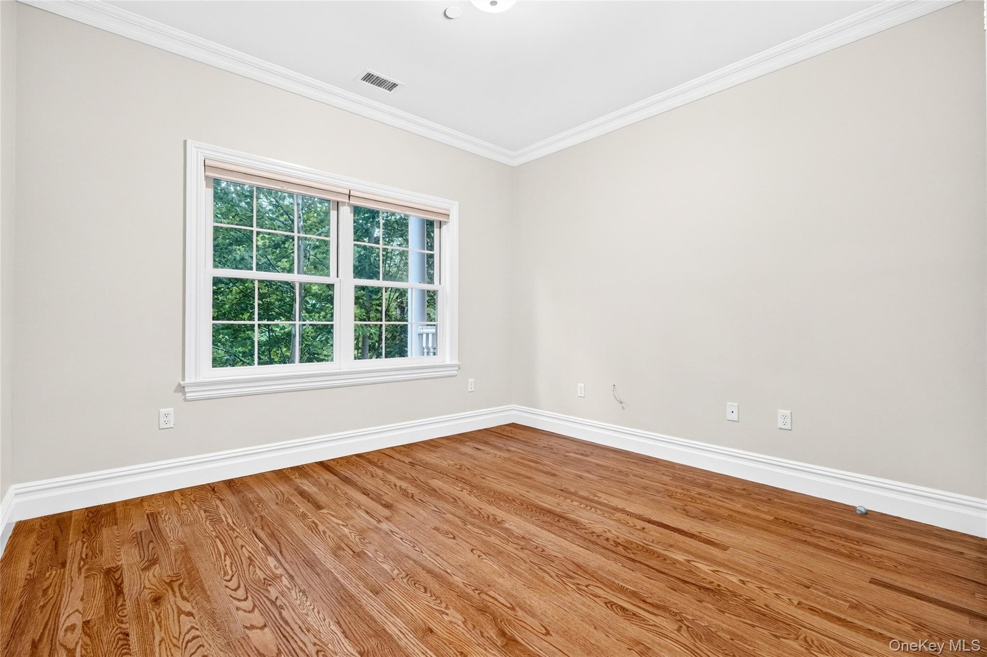 Hardwood flooring, crown molding, white trim, and a window with natural light