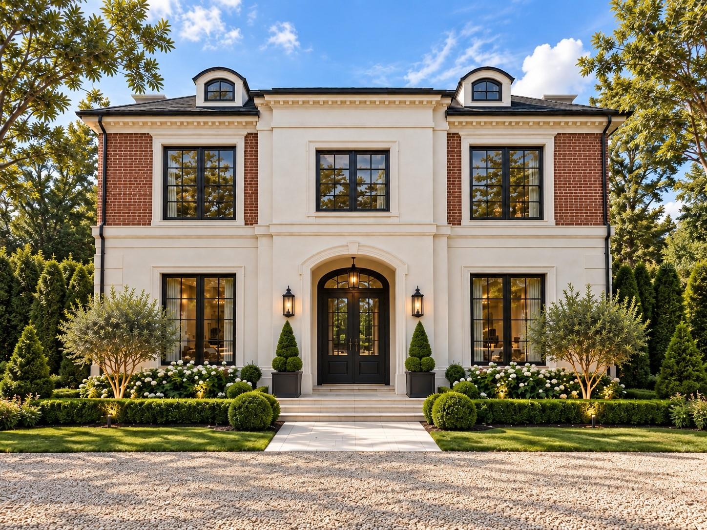 Front elevation of 250 W Reading Way in Winter Park, featuring a two-story design and arched entry.