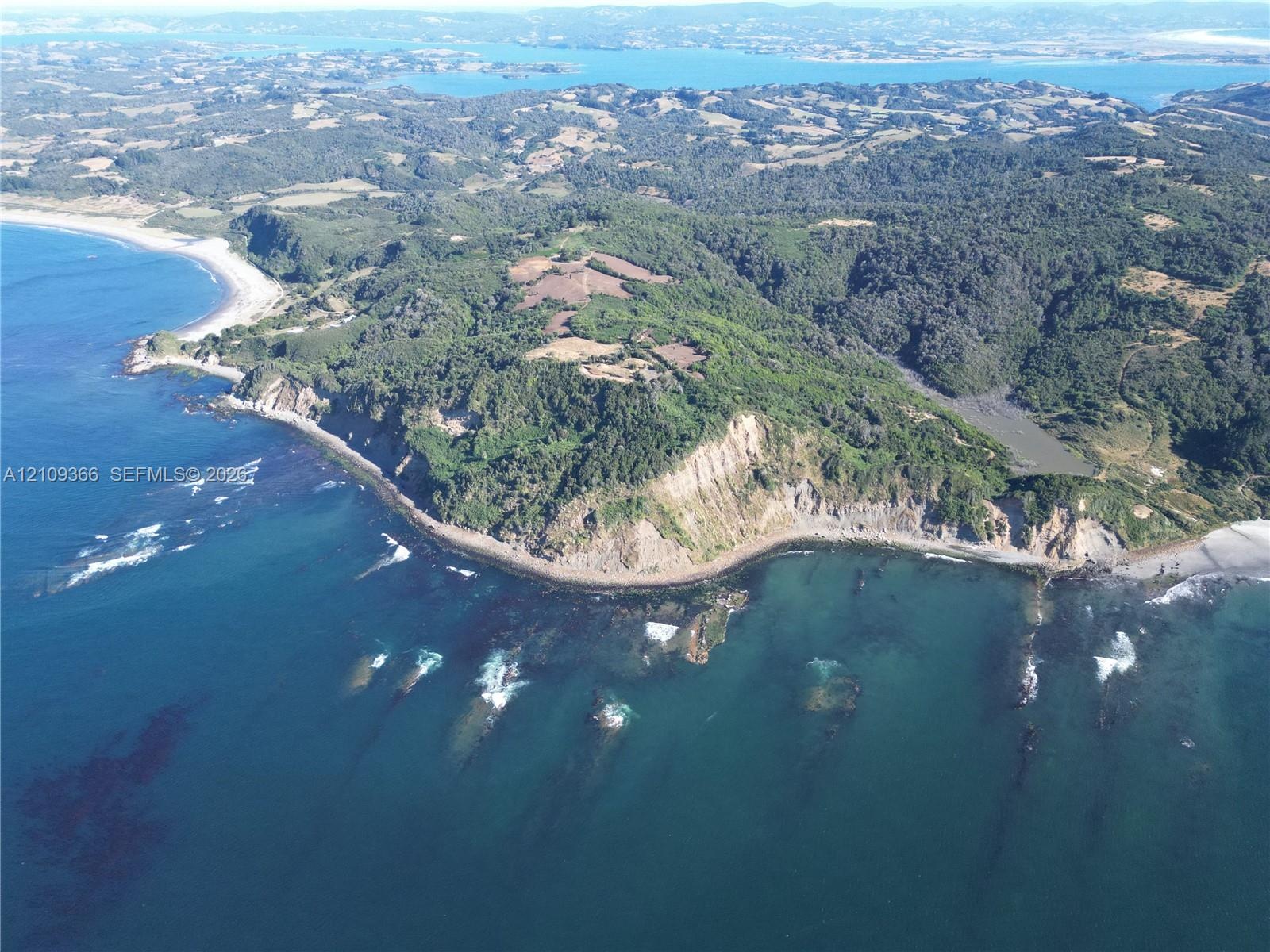 Aerial perspective of coastal landscape featuring rugged cliffs, expansive ocean frontage, sandy shorelines, and dense native vegetation