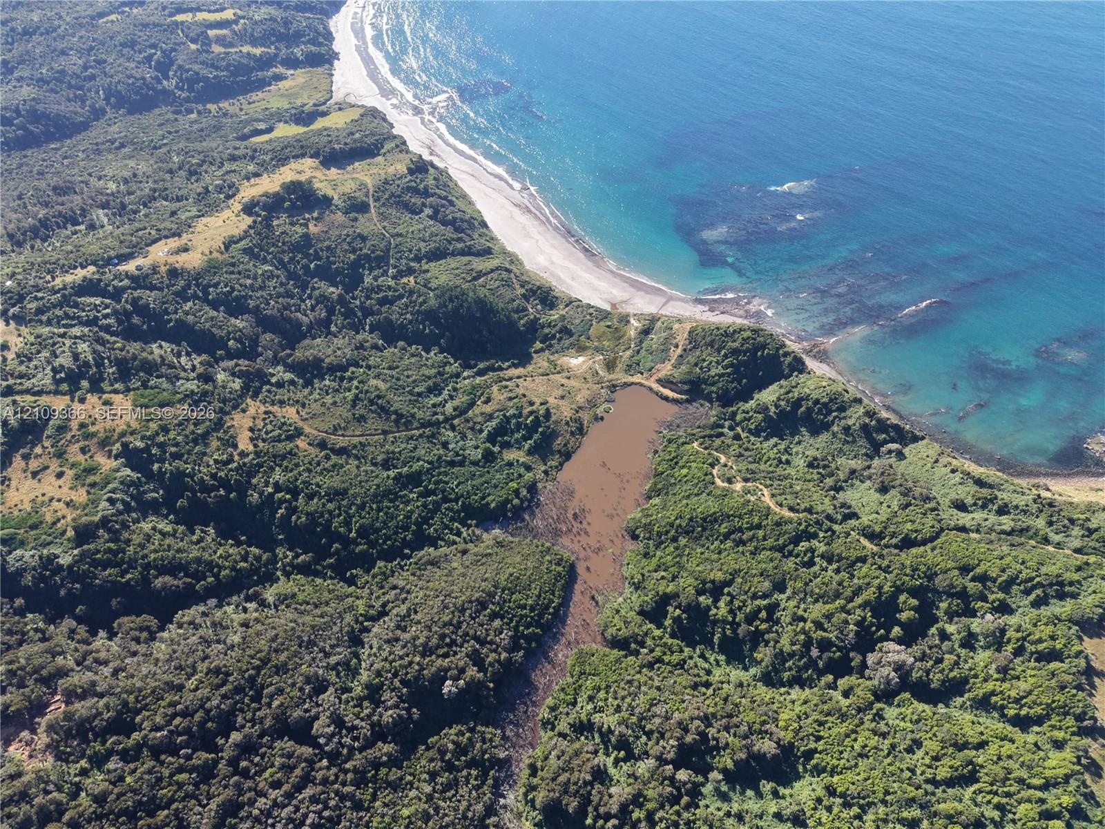 Aerial perspective of expansive coastal acreage featuring mature forested terrain, private shoreline access, and an inland pond