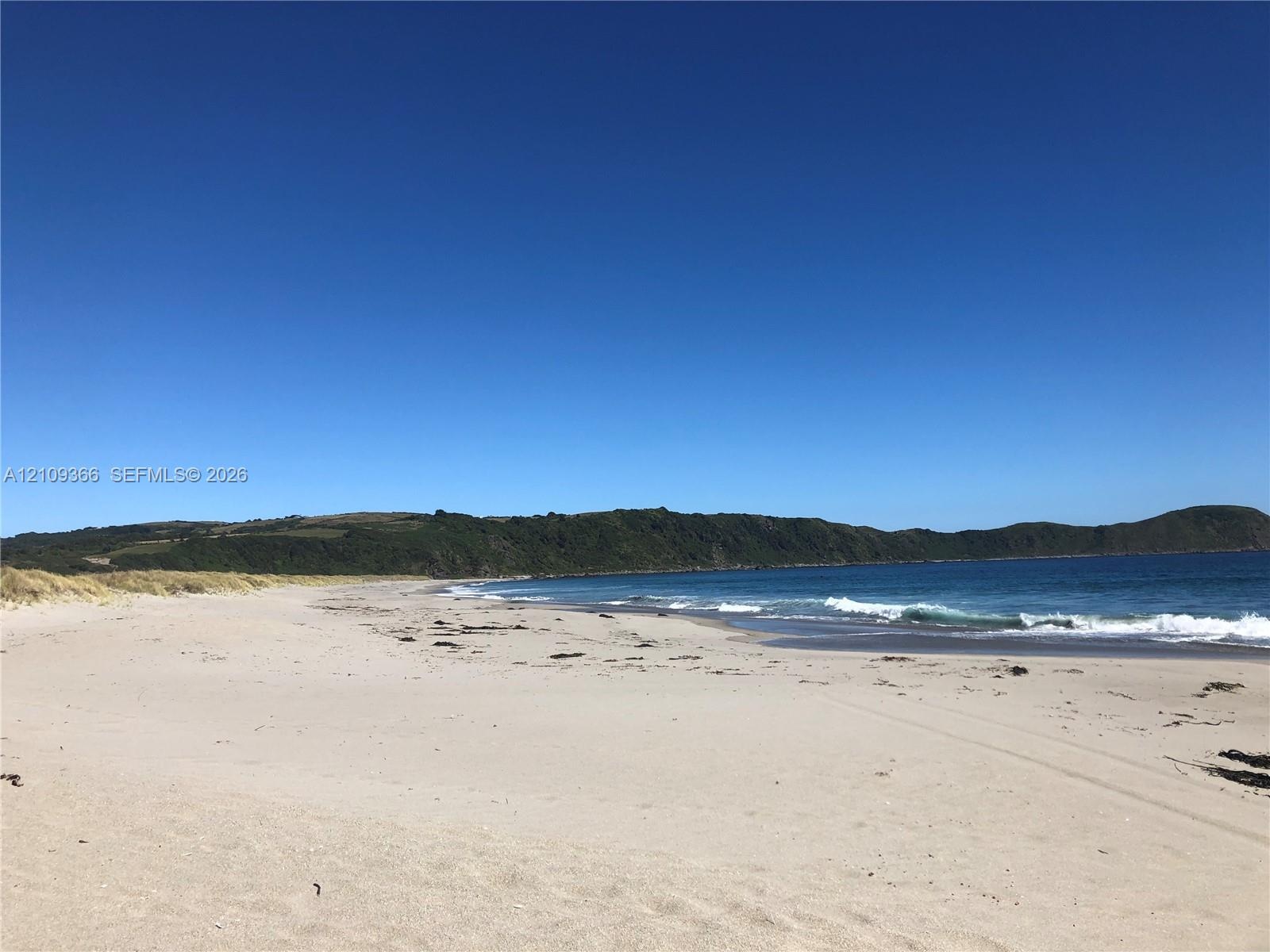 Coastal shoreline featuring a sandy beach, rolling hills, and ocean surf