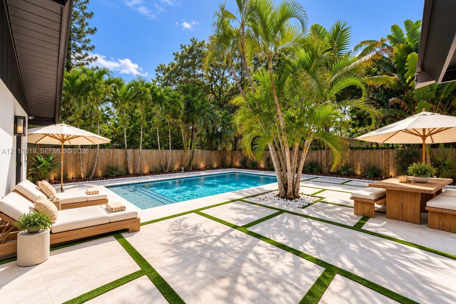 In-ground swimming pool with steps, surrounded by light-toned rectangular stone pavers and synthetic turf inlay, enclosed by a wood-slat perimeter fen