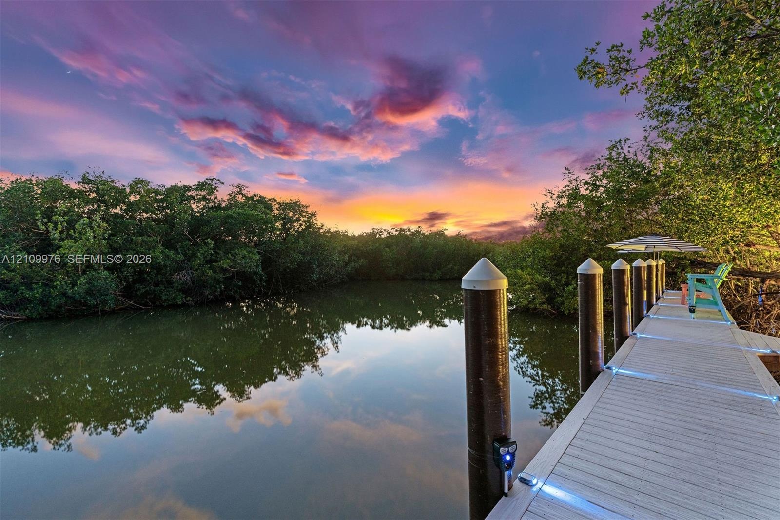 Waterfront dock featuring composite decking, integrated LED lighting, and capped pilings set against a natural mangrove backdrop