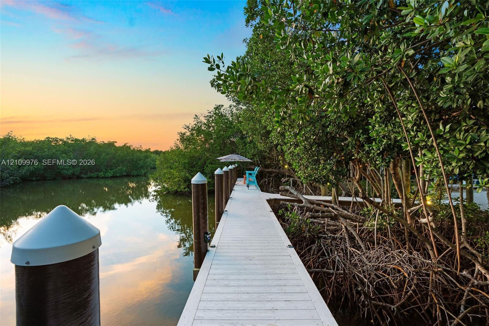Private dock featuring composite decking, vertical pilings with conical caps, and mature mangrove surroundings along the water's edge