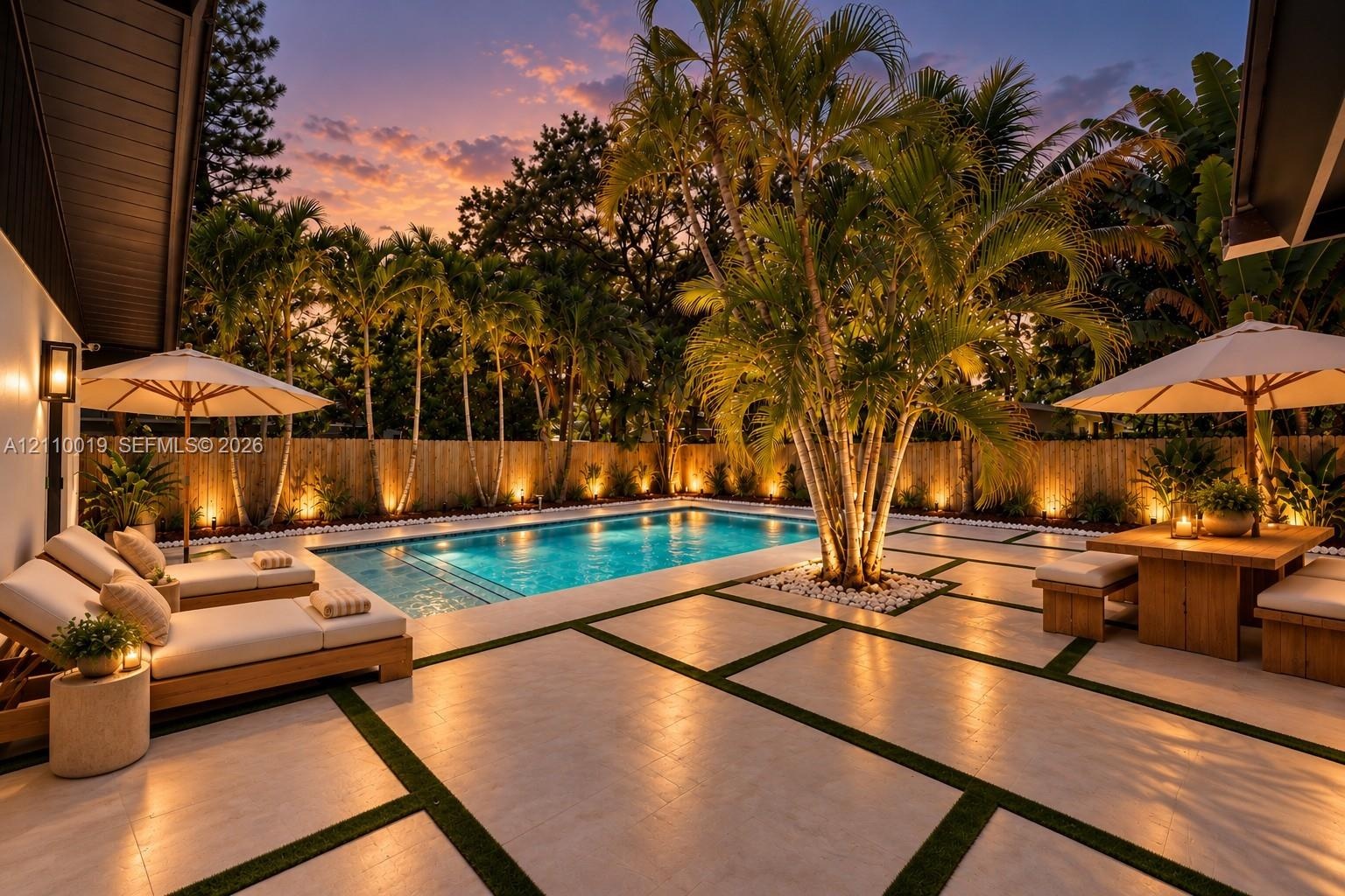 In-ground swimming pool featuring a geometric paver patio with turf inlays, mature palm landscaping, vertical wood-slat perimeter fencing, and integra