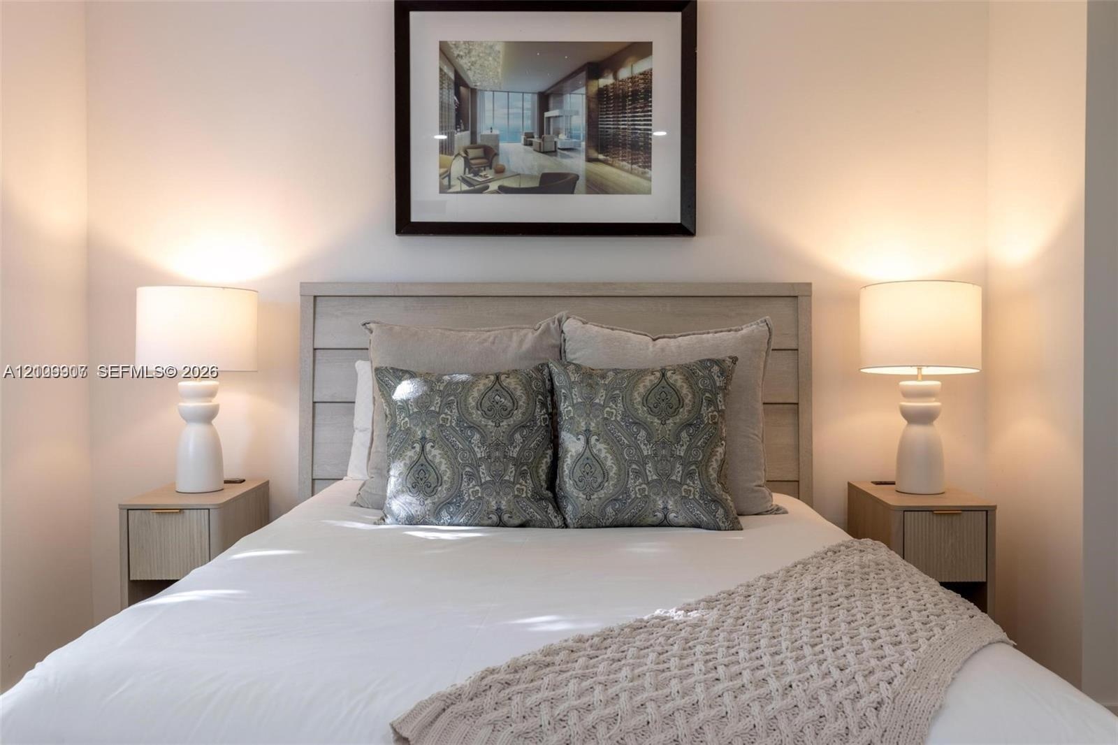Horizontal wood-finish headboard featuring clean lines and neutral tones