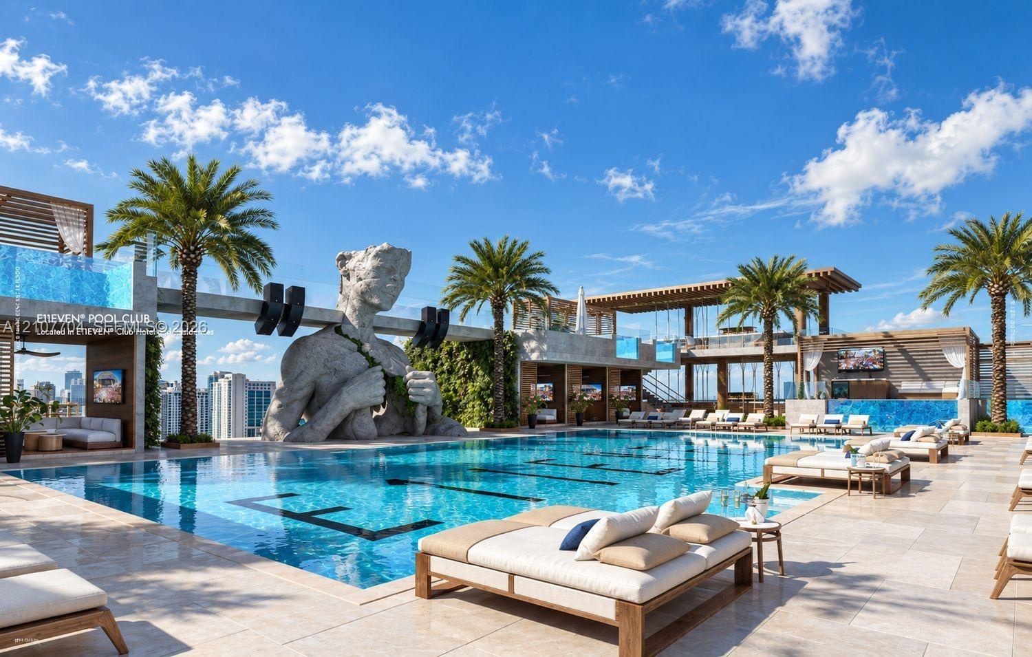 Rooftop swimming pool featuring large-scale sculptural elements, limestone-finish decking, integrated palm tree landscaping, and overhead wood-slat st
