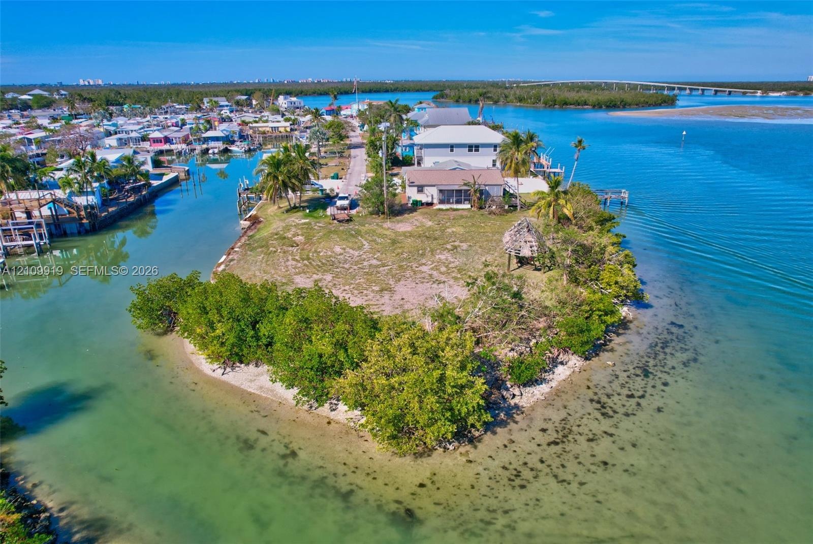 Waterfront parcel featuring direct canal access, a thatched-roof tiki hut, mature palms, and open water exposure