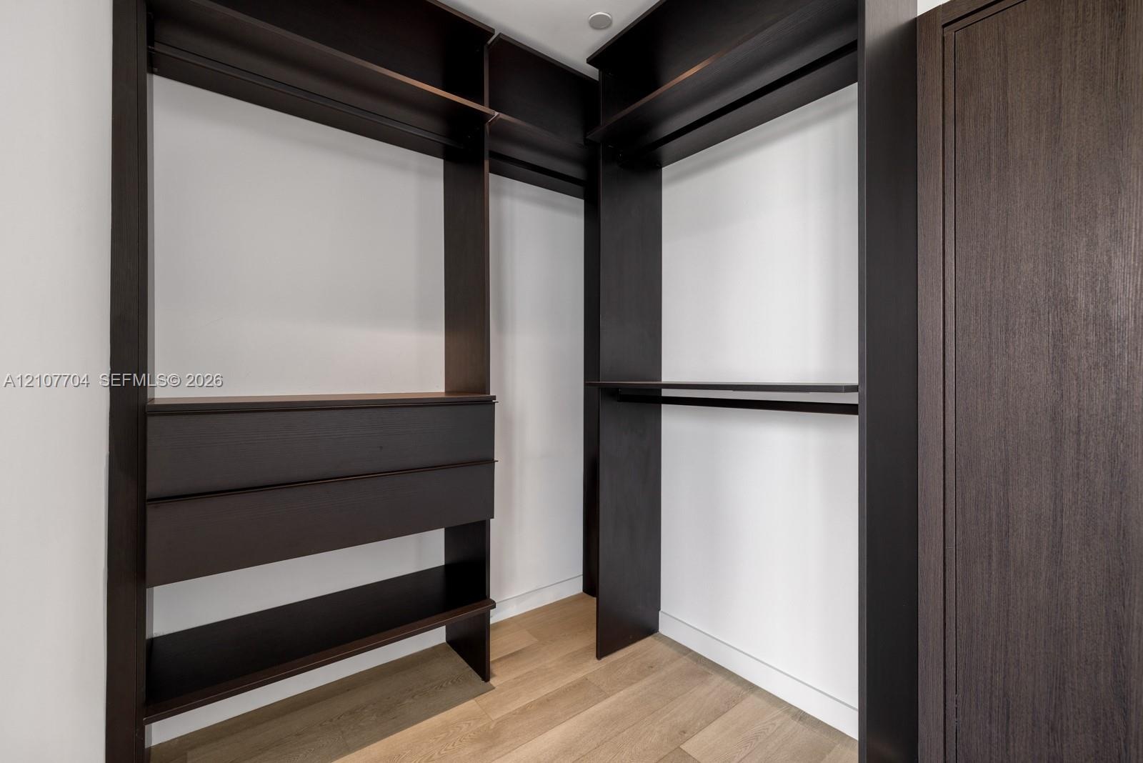 Built-in closet system featuring dark wood-finish cabinetry, integrated shelving, tiered hanging rods, and drawers, complemented by light wood-finish 