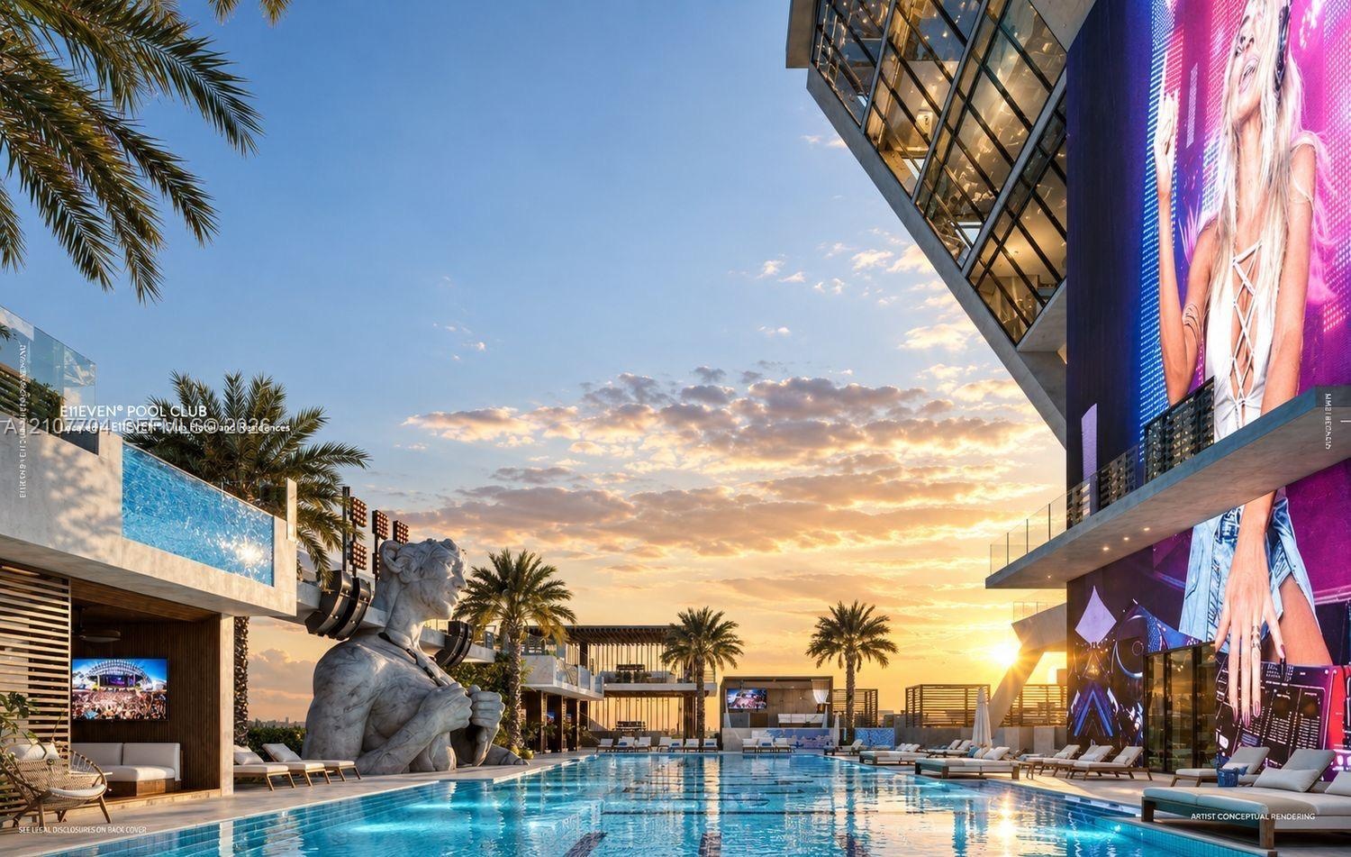 Outdoor swimming pool featuring a glass-edge basin, integrated sculpture, multi-level tiered architecture, and perimeter palm tree landscaping
