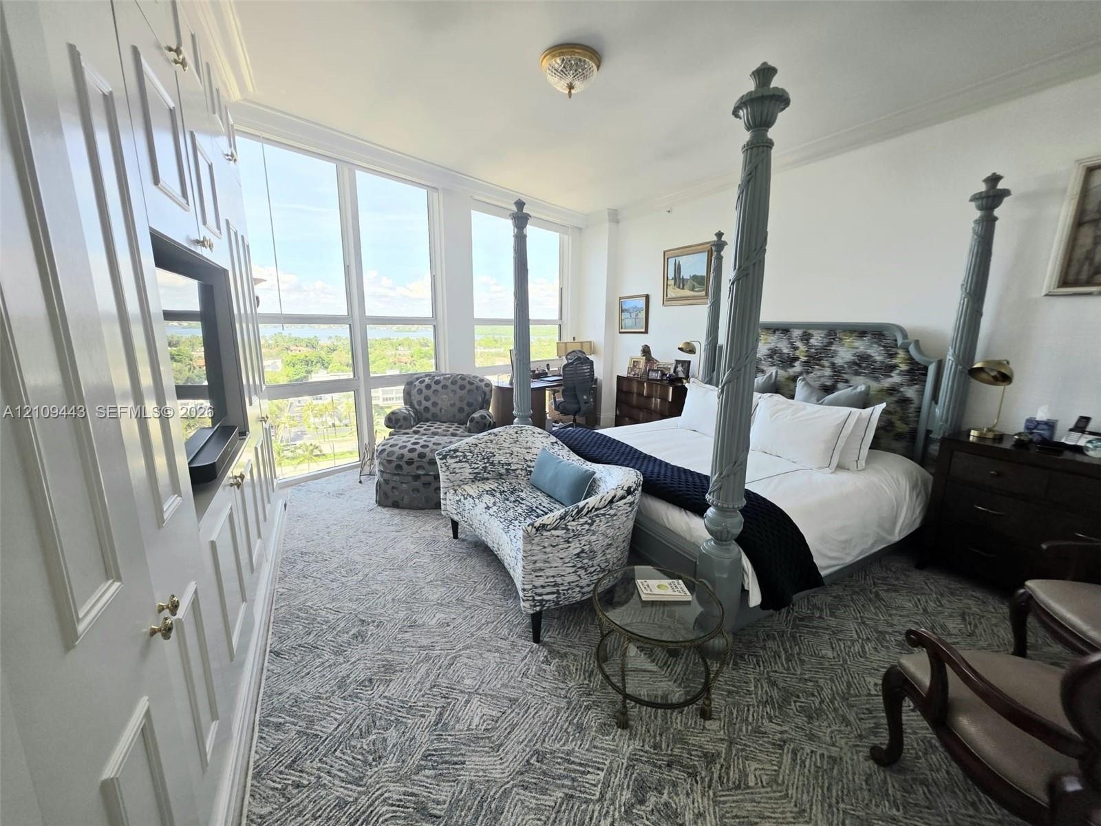 Floor-to-ceiling windows, built-in cabinetry with integrated shelving, and carpeted flooring