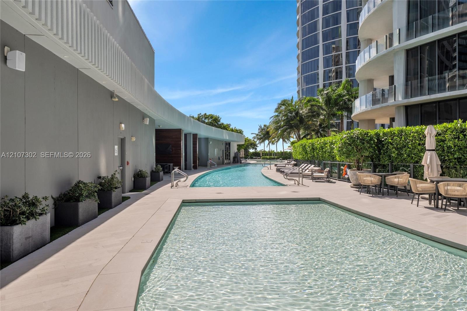 Outdoor swimming pool featuring a concrete deck, integrated metal handrails, and surrounding privacy hedging
