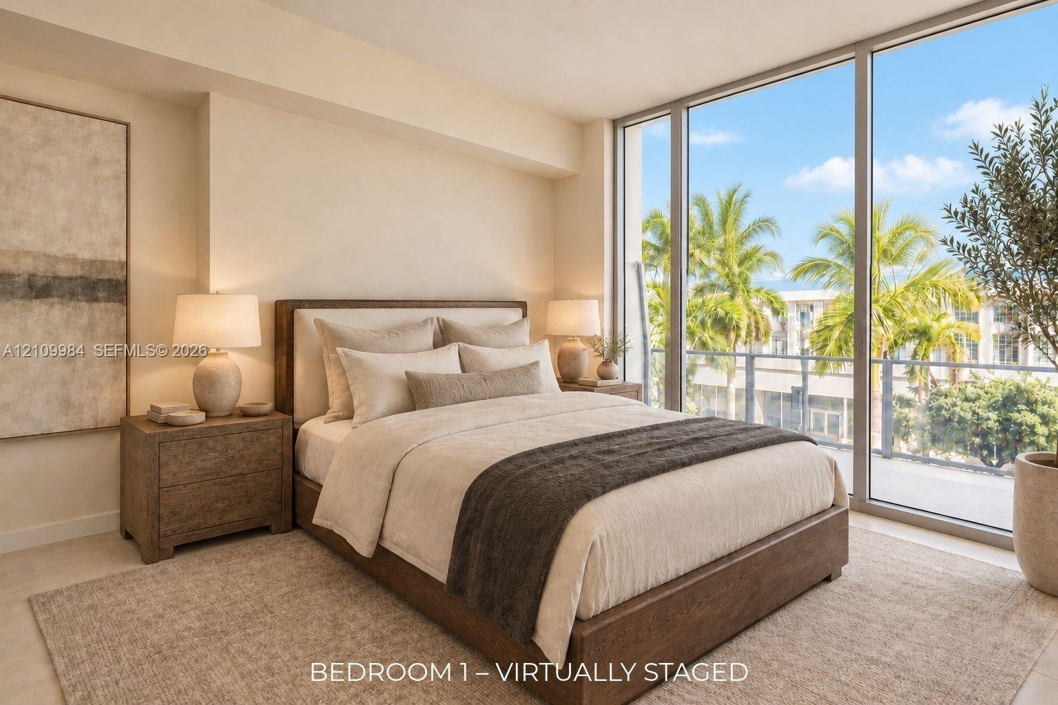 Floor-to-ceiling windows, neutral interior wall palette, and polished stone-finish flooring