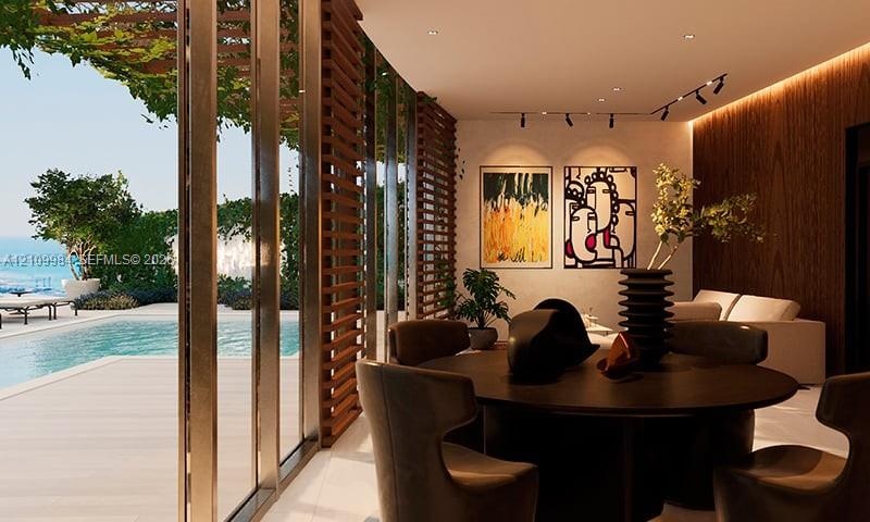 Floor-to-ceiling glass paneling, vertical wood slat architectural screening, recessed ceiling track lighting, wood-panel accent wall, and perimeter po