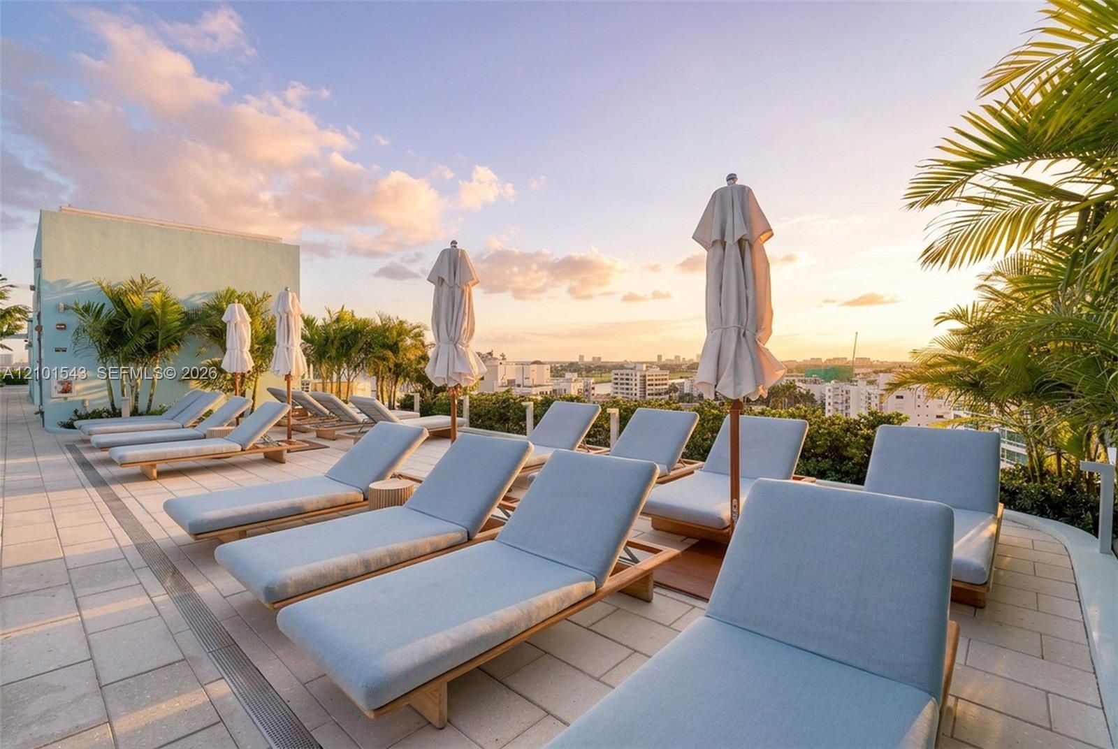 Rooftop terrace featuring light-toned stone tile flooring, perimeter landscaping with palm trees, and wide-reaching urban skyline scenery