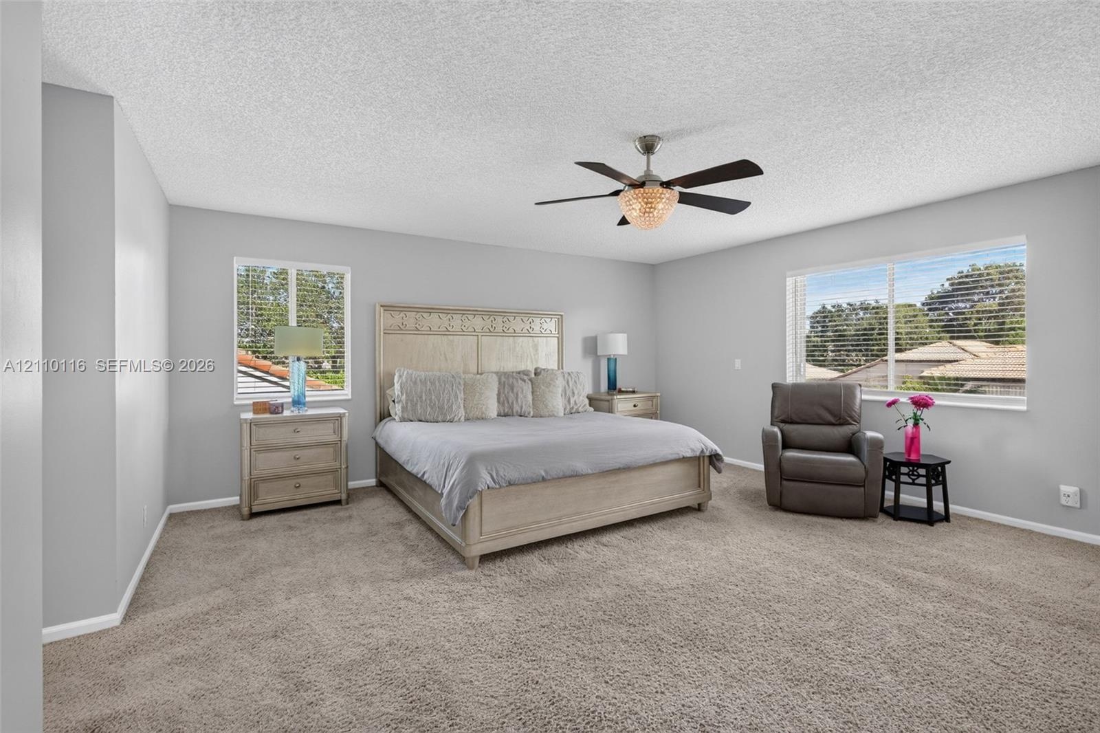 Neutral-toned interior featuring carpeting, dual windows, and a multi-blade ceiling fan with an integrated light fixture