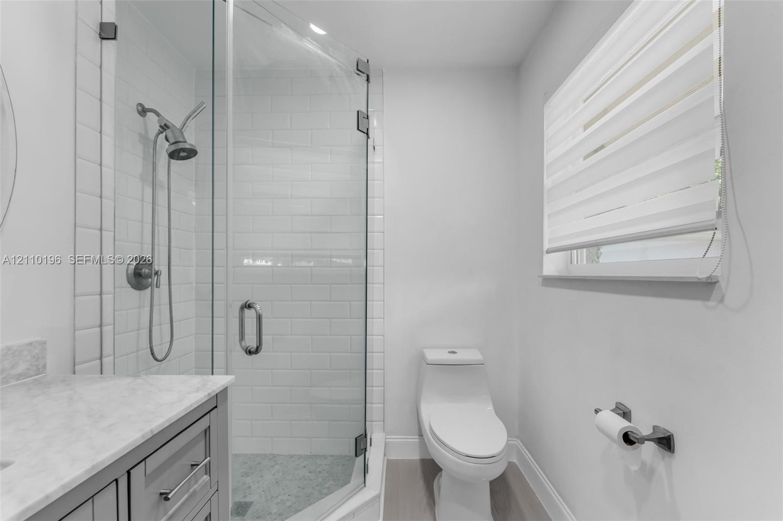 Walk-in shower featuring white subway tile surround, glass enclosure, and hand-held shower fixture, paired with a stone-top vanity and one-piece toile