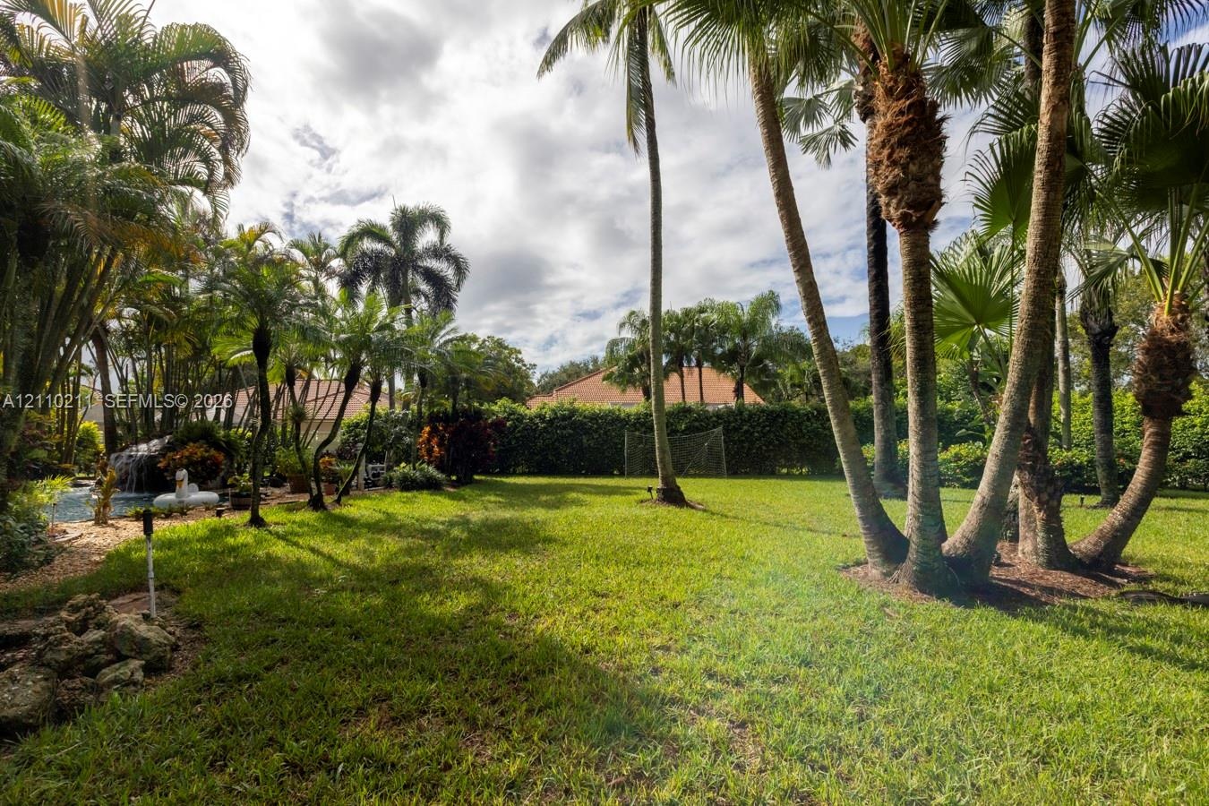 Expansive backyard featuring a lush lawn, mature palm trees, rock landscaping, and a water feature