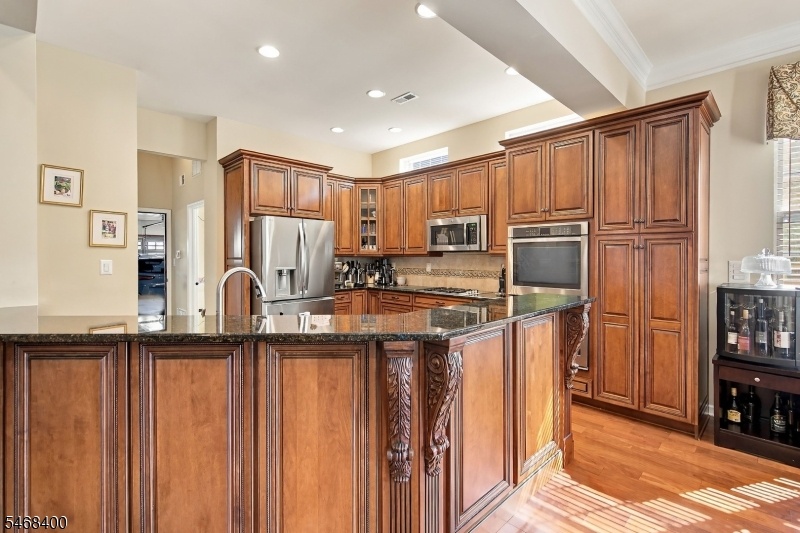 Rich wood toned cabinetry