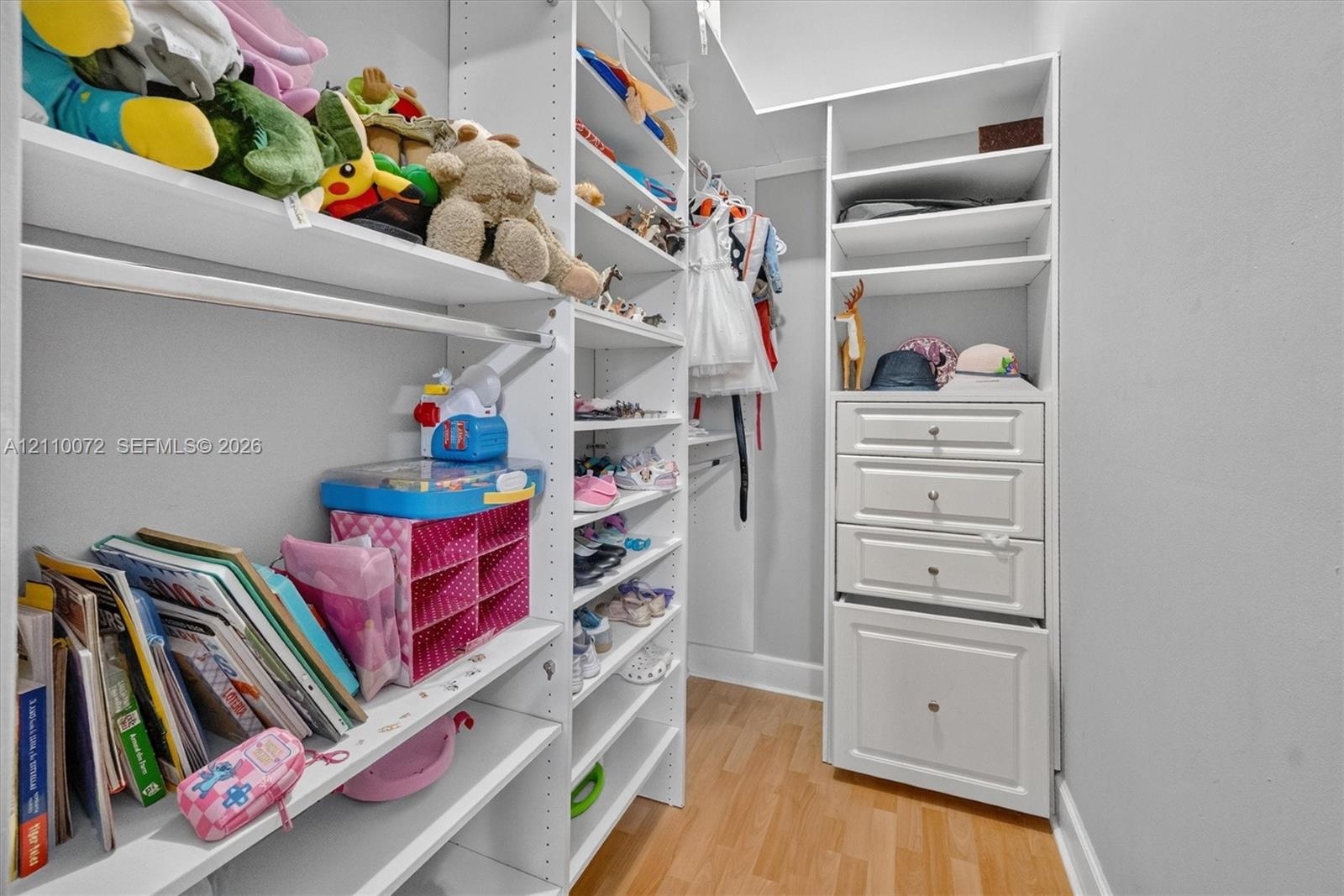 Walk-in closet featuring white built-in shelving, integrated storage drawers, a hanging rod, and wood-finish flooring