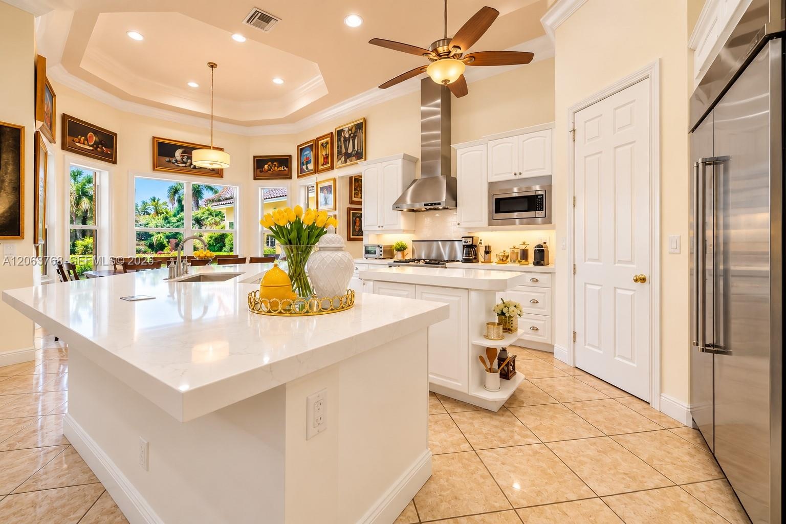 Kitchen featuring a tray ceiling, expansive stone-surfaced center island, stainless steel appliances, white cabinetry, and recessed lighting