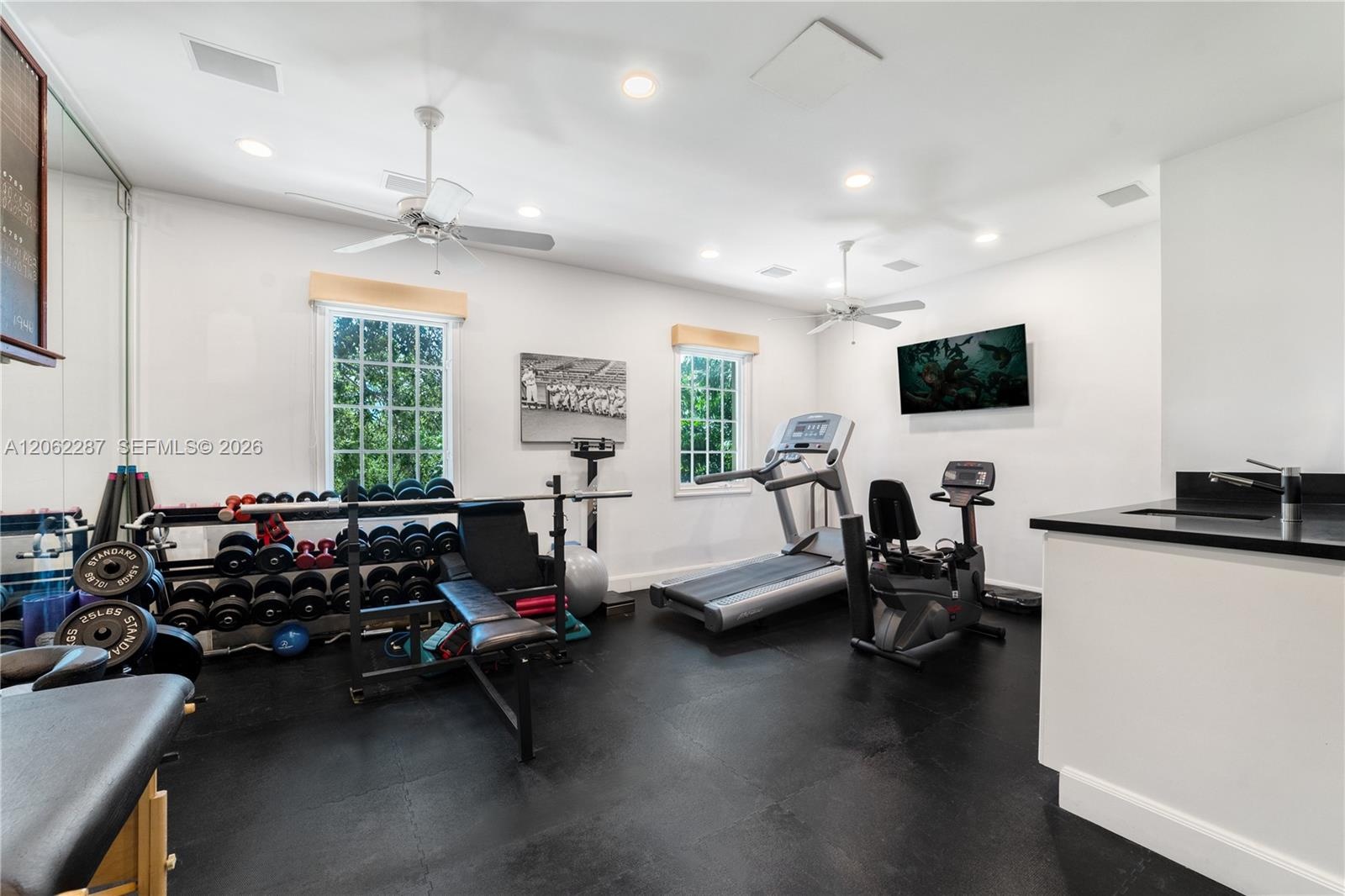 Room featuring durable rubberized flooring, recessed lighting, dual ceiling fans, multi-pane windows, and built-in cabinetry with a countertop and sin