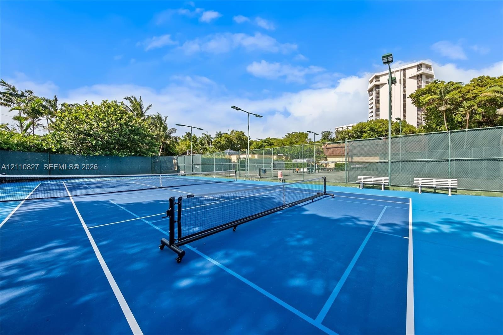Professional tennis courts featuring vibrant blue hard courts with white line markings, regulation net systems, and full perimeter fencing
