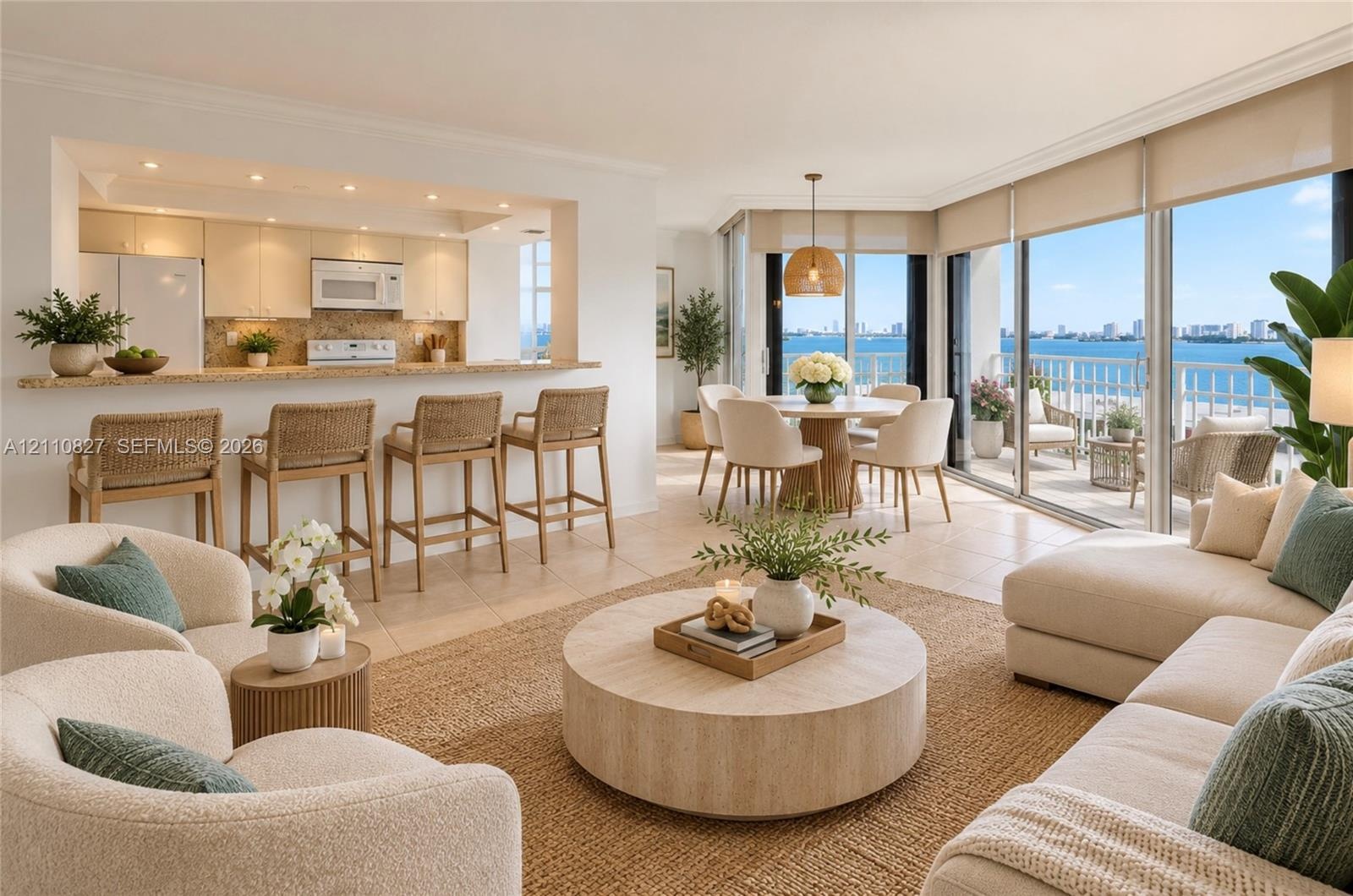 Open-concept living space featuring tile flooring, a kitchen breakfast bar with stone-surface countertop, recessed ceiling lighting, and floor-to-ceil