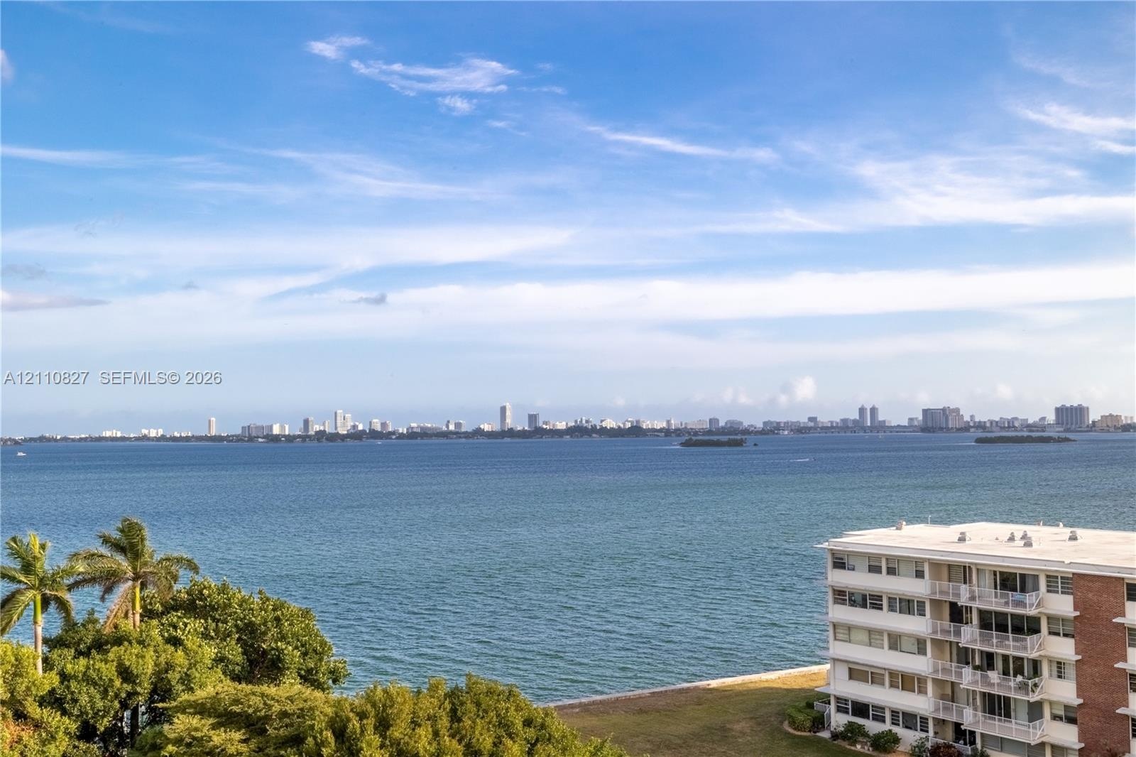 Expansive waterfront exposure featuring panoramic bay and city skyline scenery, complemented by mature palm trees and coastal landscaping