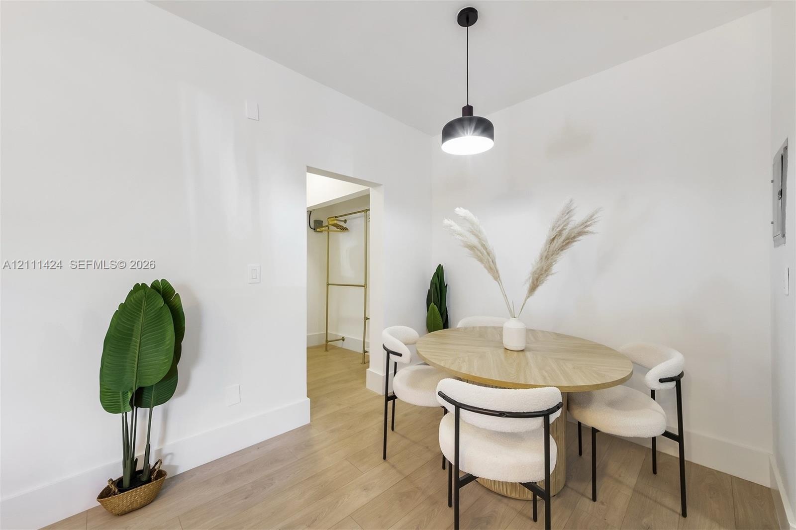 Neutral interior featuring wood-finish flooring, crisp white walls, and a contemporary matte black pendant light fixture