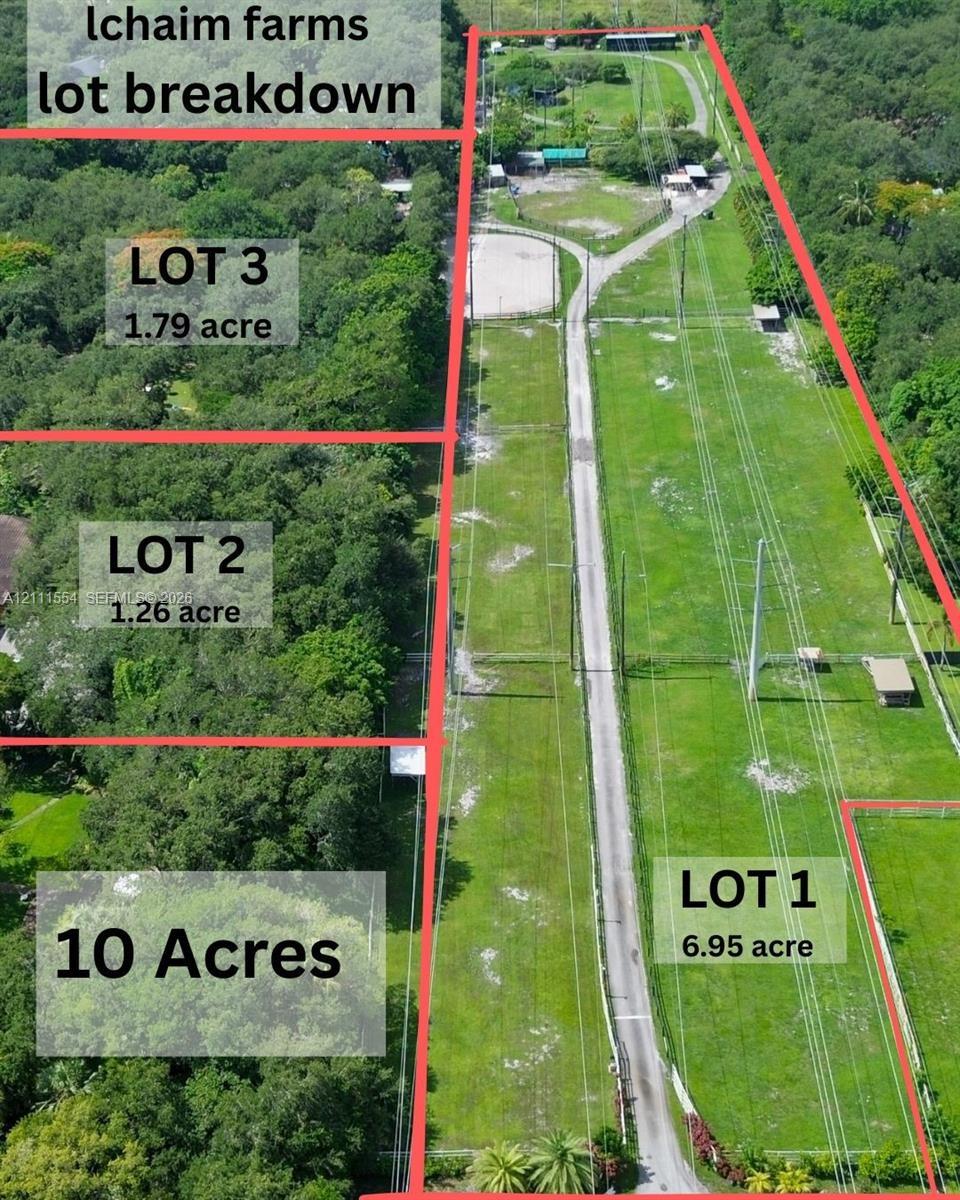 Aerial perspective of a 10-acre parcel subdivided into three individual lots measuring 6.95, 1.26, and 1.79 acres, featuring expansive cleared grassla