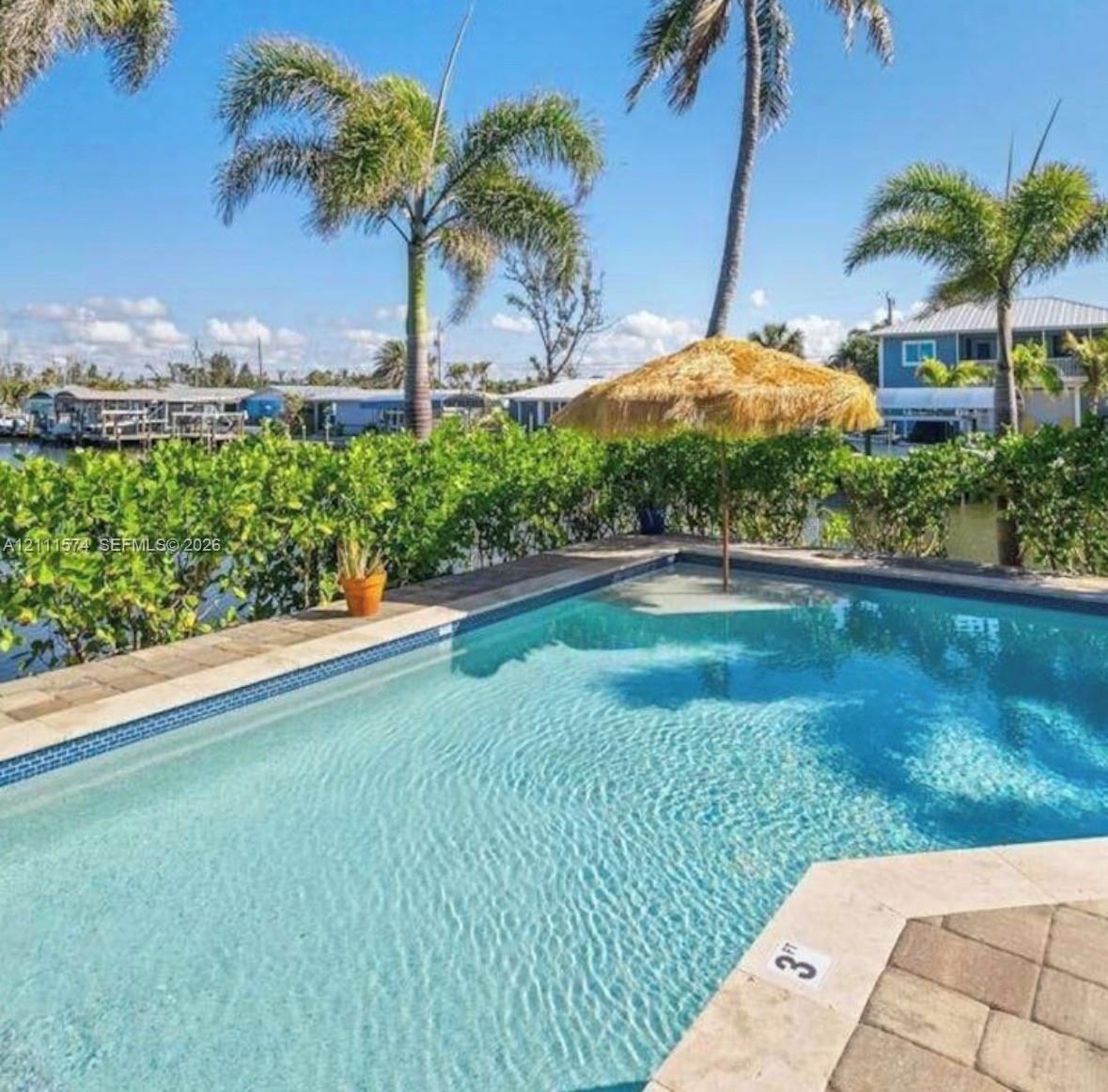 In-ground swimming pool featuring tile coping and stone paver decking, surrounded by mature palm trees and established hedging