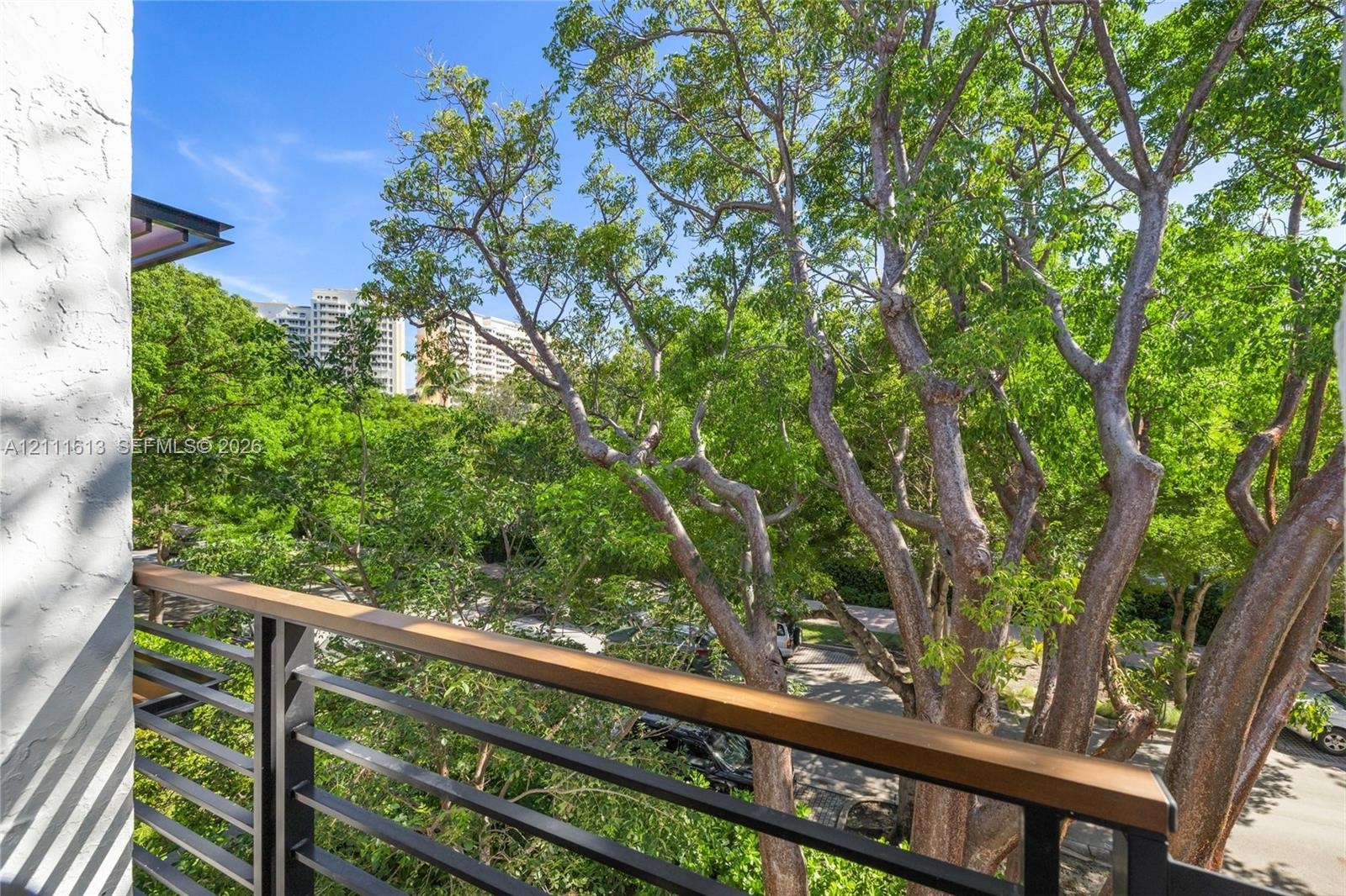 Balcony featuring a black metal railing with a wood-finish top cap and mature canopy trees